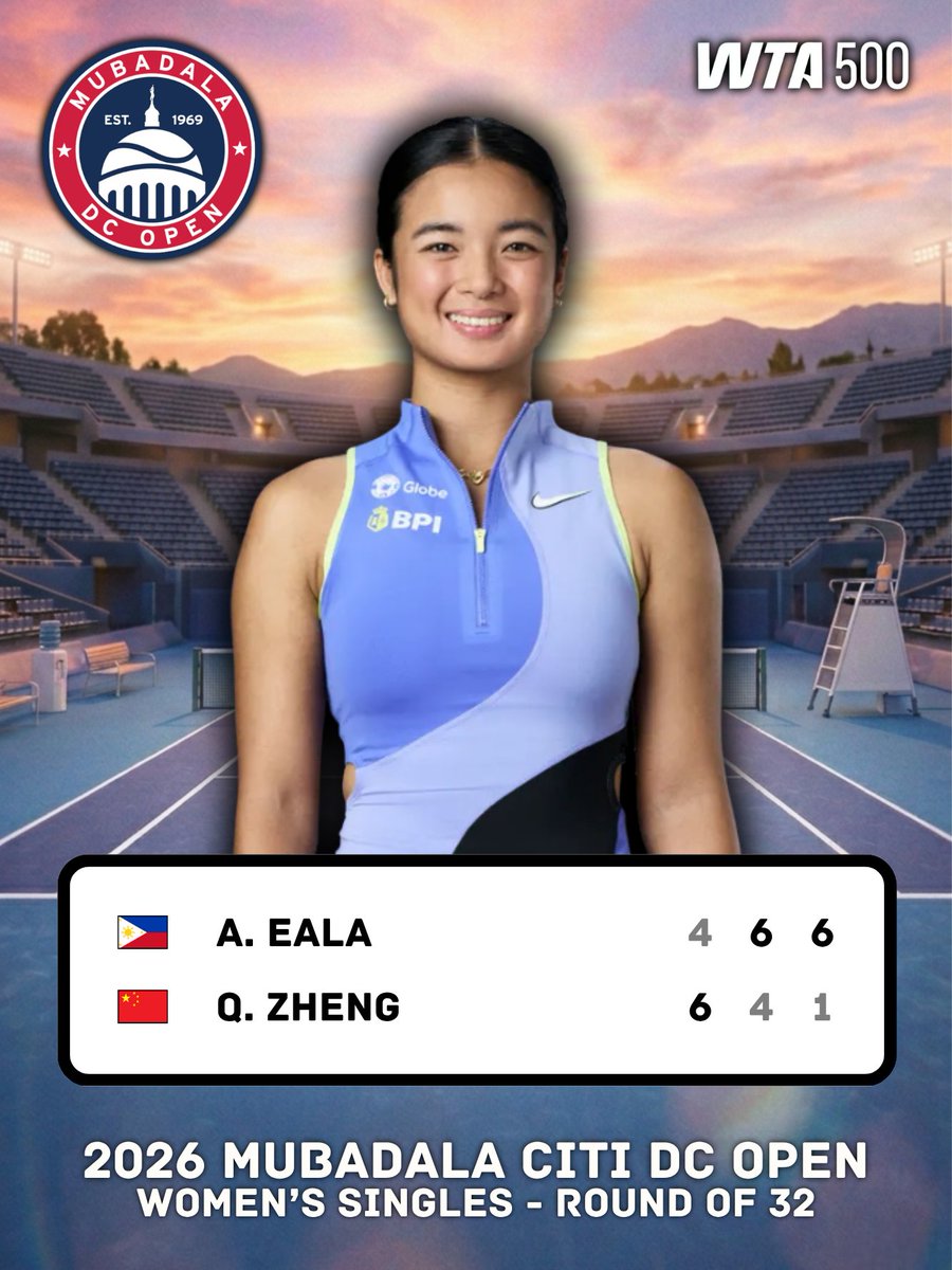 itsacewinner's tweet photo. 𝟐𝟎𝟐𝟔 𝐌𝐮𝐛𝐚𝐝𝐚𝐥𝐚 𝐂𝐢𝐭𝐢 𝐃𝐂 𝐎𝐩𝐞𝐧 🎾

World Rank 2️⃣8️⃣ Alexandra Eala 🇵🇭 def. World Rank 1️⃣2️⃣3️⃣ Qinwen Zheng 🇨🇳

Alexandra Eala advanced to the Second Round of the 2026 Mubadala Citi DC Open! 🔥

#MubadalaDCOpen https://t.co/32ExM4pNZv