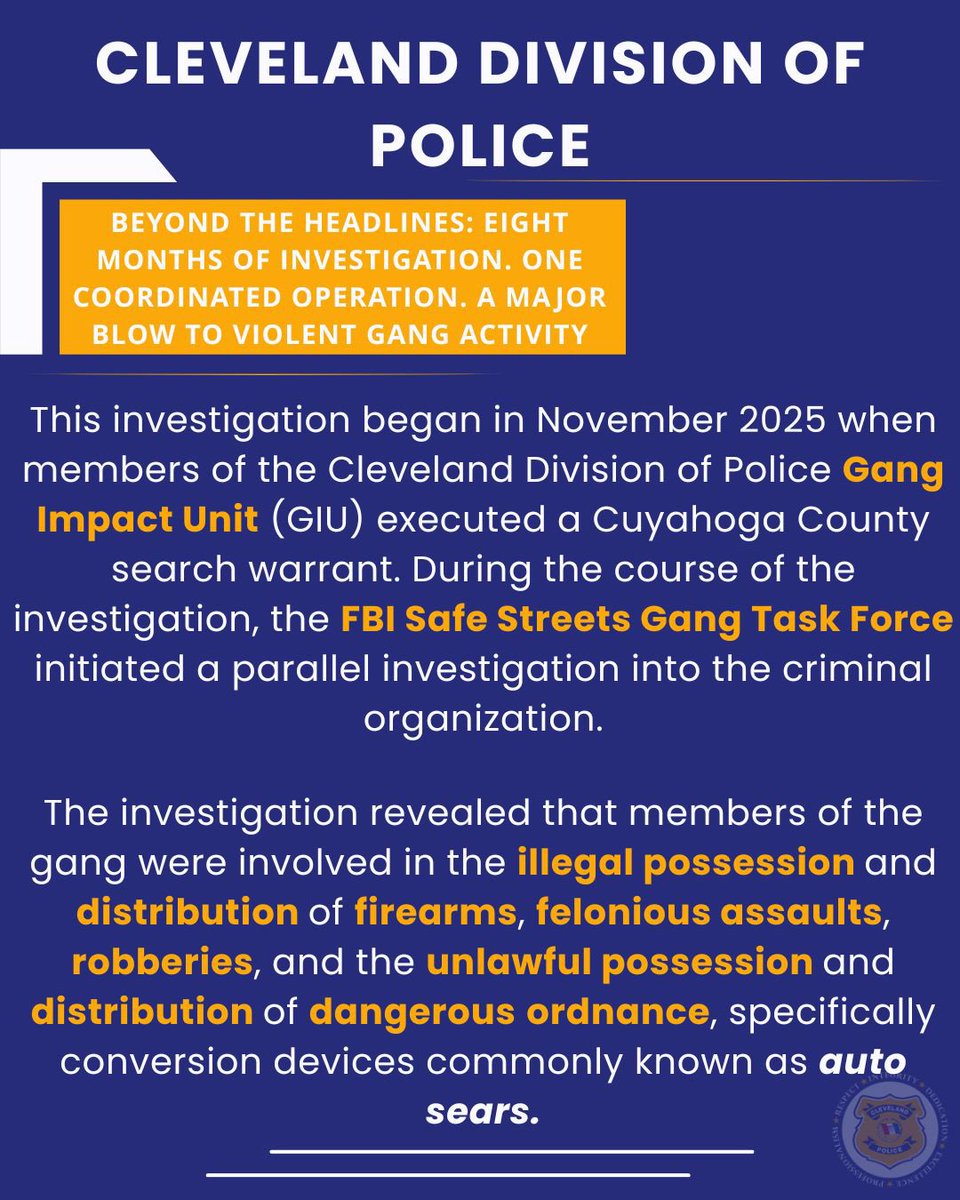 CLEpolice's tweet photo. Eight months. One coordinated operation. Ten arrests. Twenty-eight firearms recovered. A major blow to violent gang activity in Cleveland. https://t.co/jPFlNCvzYF