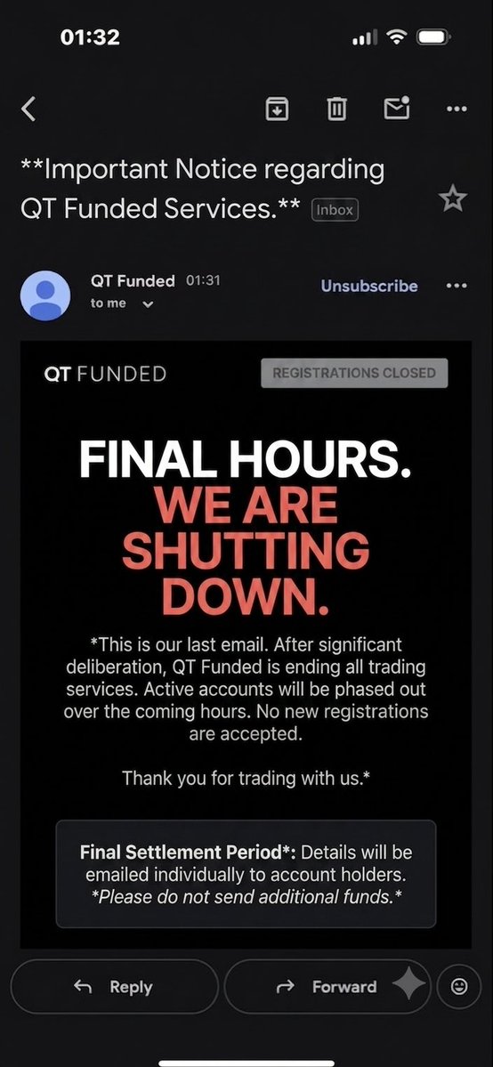 TrustedPropHub's tweet photo. 🚨 BREAKING: QT Funded finally sent the email everyone was expecting. 💀

“We are shutting down.”

Ngl… for a second it looked more believable than their payout excuses. 😭😂 https://t.co/4UVEU7pdi0