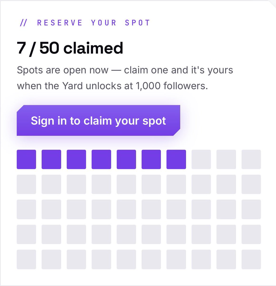 HackyardSocial's tweet photo. 7 / 50 claimed for Yard #1.

Spots are open now — claim one and it’s yours when we hit 1,000 followers.

48 hours. One model. Solo. Ship what’s done.

👉 https://t.co/3xoDiChjfy https://t.co/uuWBOQV78h