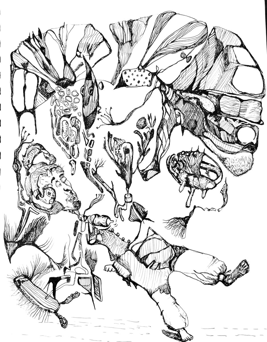 labgrab's tweet photo. This sketch represents the idea of falling asleep and the mind fragmenting to release the thoughts and bits of the day. Used microsoft mageflow to give it depth and color. Very accurate detection of the ink drawings small markings and application of interesting details. https://t.co/FTTE1b139n