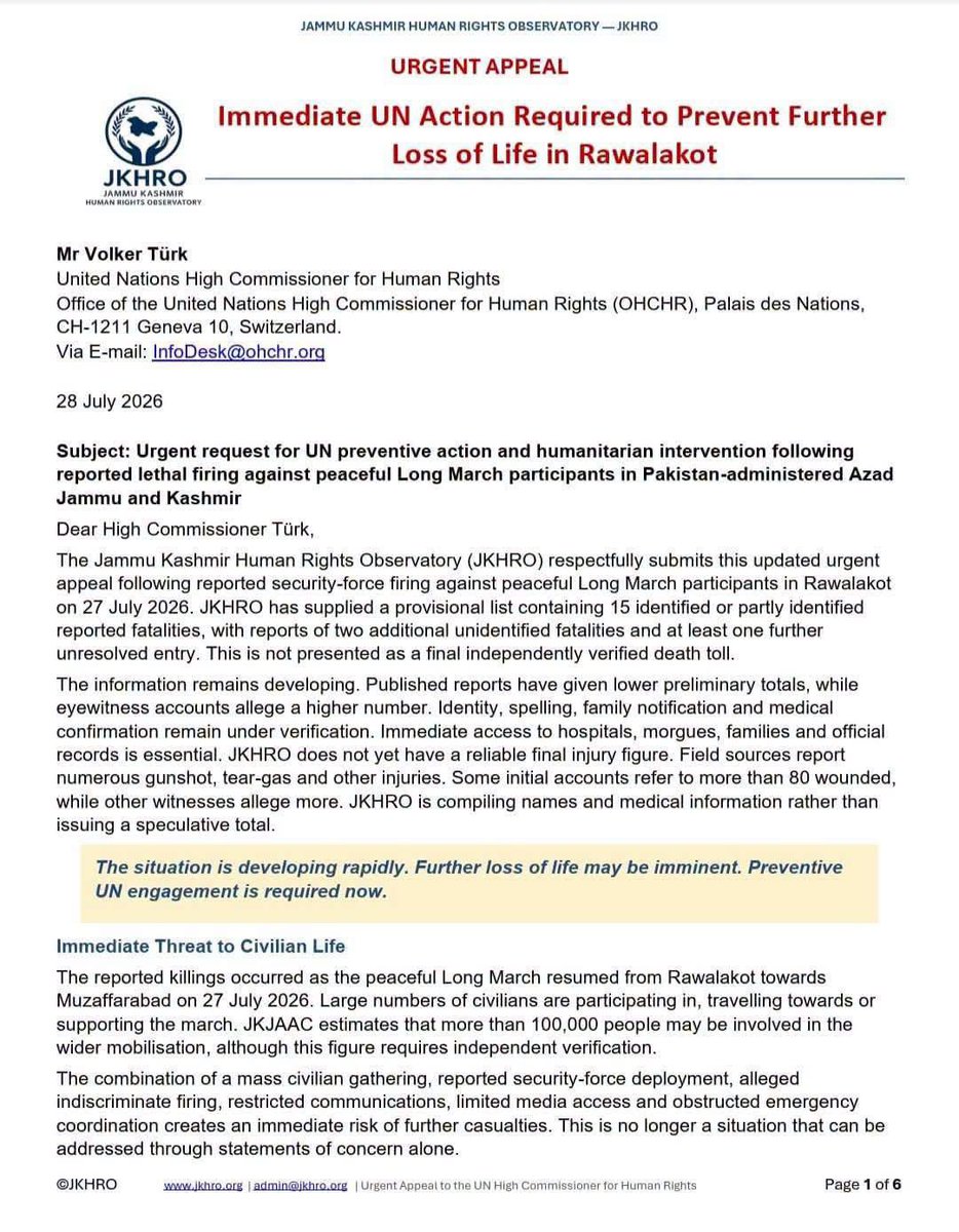 AdityaRajKaul's tweet photo. United Nations Human Rights Observatory has submitted a memorandum in Geneva to the United Nations on the indiscriminate firing and massacre by Pakistani security forces on the peaceful unarmed civilians and Jammu Kashmir Joint Awami Action Committee in Rawalakot of PoJK. https://t.co/9tv2JsoMg8