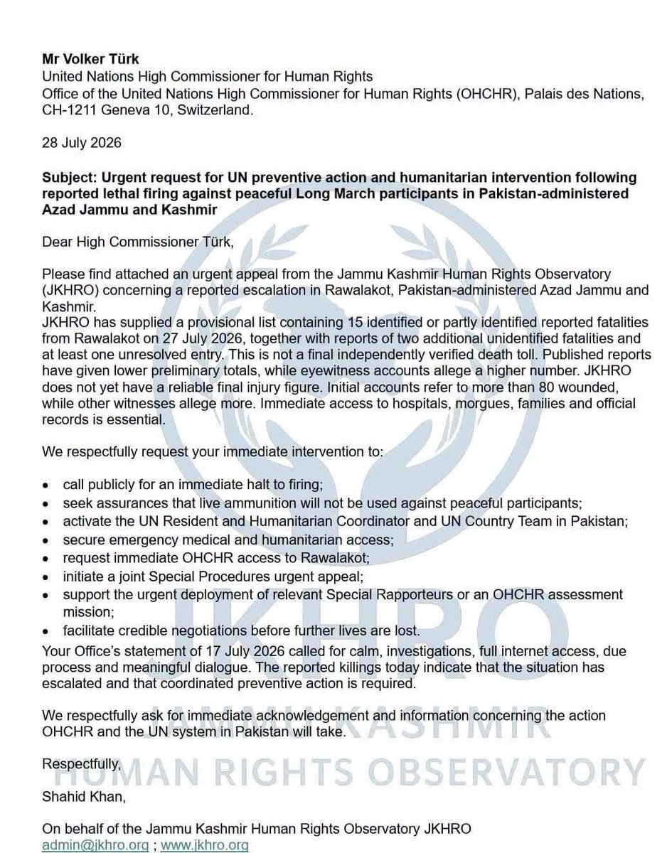 AdityaRajKaul's tweet photo. United Nations Human Rights Observatory has submitted a memorandum in Geneva to the United Nations on the indiscriminate firing and massacre by Pakistani security forces on the peaceful unarmed civilians and Jammu Kashmir Joint Awami Action Committee in Rawalakot of PoJK. https://t.co/9tv2JsoMg8
