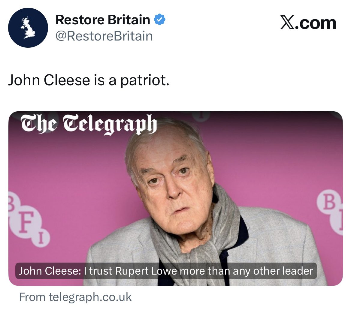 TheLittleWaster's tweet photo. John Cleese has claimed Rupert Lowe is the only politician he trusts to save the UK from an influx of immigrants, this is a man who lives as an 'immigrant' on a Caribbean island. 

The loopy old tit. https://t.co/wBZctgCcOD