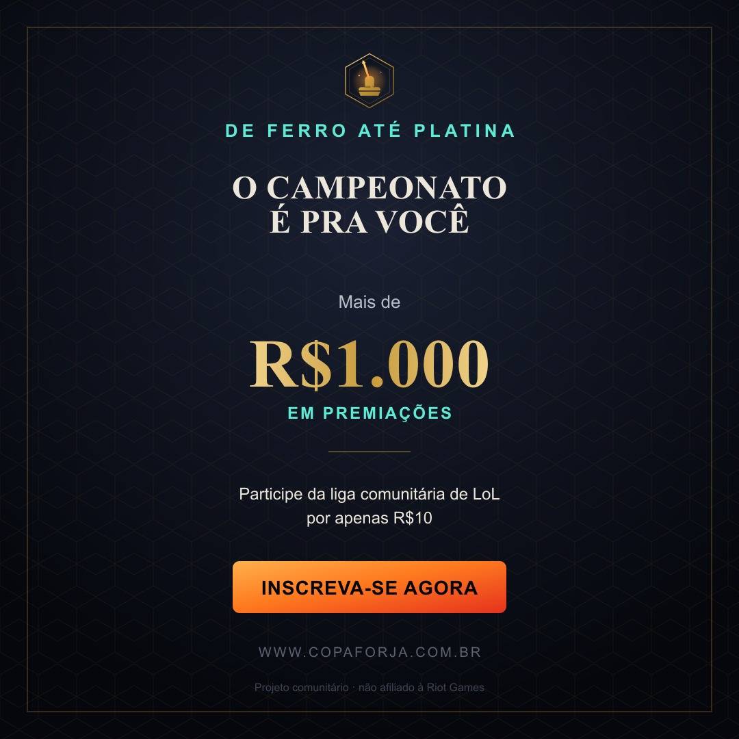 Copa_Forja's tweet photo. Atenção, jogadores de League of Legends. Se o seu elo vai de Ferro até Platina, chegou a sua hora de brilhar. Participe da nossa liga comunitária de LoL, mostre o seu valor e dispute mais de R$ 1.000 em premiações.  Garanta sua vaga agora mesmo em https://t.co/PbdunyjKzE https://t.co/LzgNk48h5m