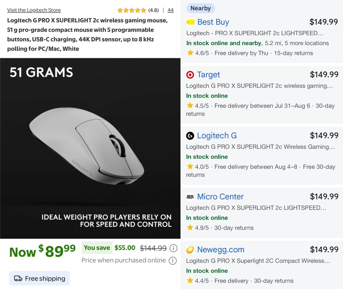 Pricerrors's tweet photo. RARE SALE ON LOGITECH WIRELESS GAMING MOUSE

The G Pro X Superlight model dropped to $89 at Walmart 

https://t.co/rk2bAOMlSv

Every other retailer online demands $150 for the same model 

Free shipping included, will most likely sell out fast #ad https://t.co/e8OUglGmtf