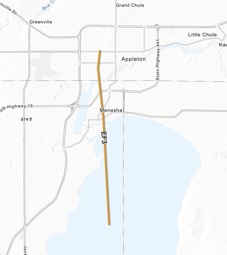 SamKuffelWx's tweet photo. Midday tornadoes in Wisconsin are uncommon. Nearly a mile wide tornado with 140mph winds occurring midday is very rare. 

The fact that nobody was killed in the Menasha tornado is remarkable 🙏 https://t.co/5azRo3m929