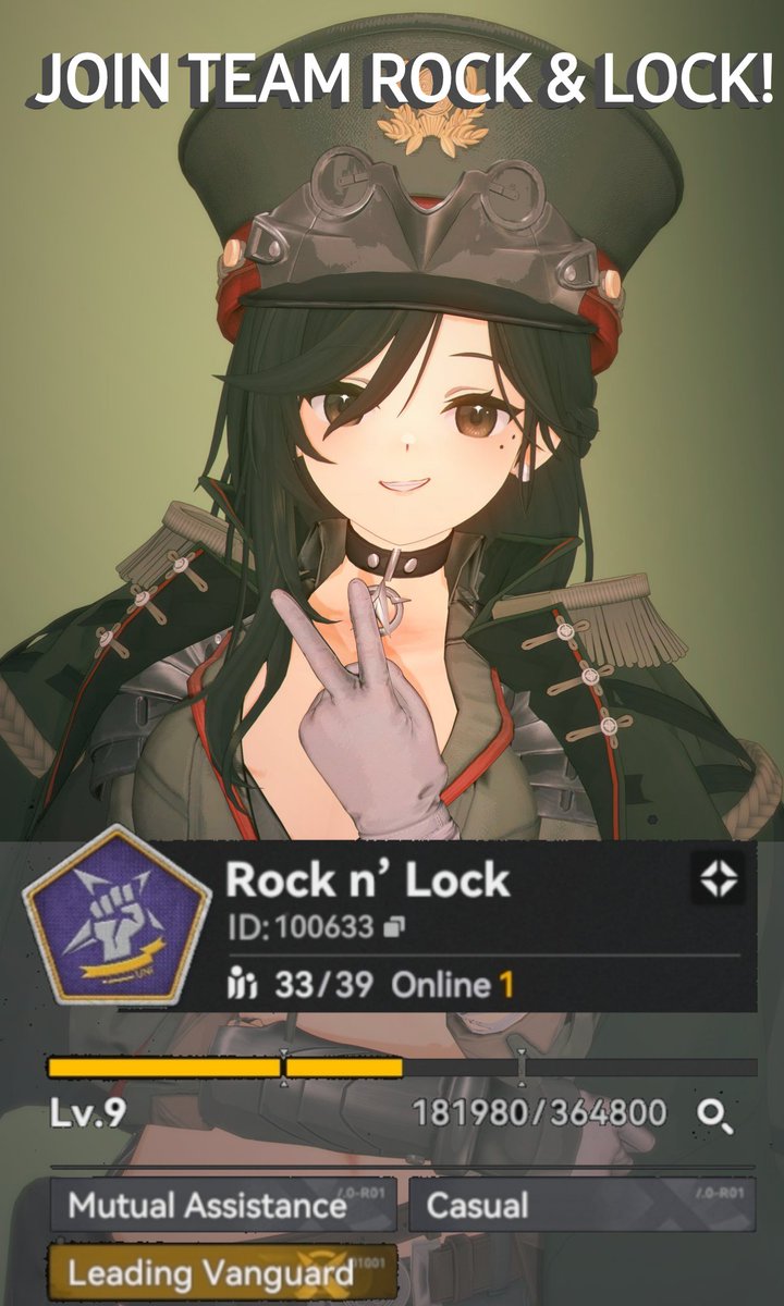 ArmedJ0y's tweet photo. Top 6% Global! Looking for more active players!

Team Rock &amp; Lock needs YOU!
No 3 hits required, just auto your funsmoke, and hang out with the boys.

Join ID: 100633

#GirlsFrontline2Exilium https://t.co/gj1Krrmn9p