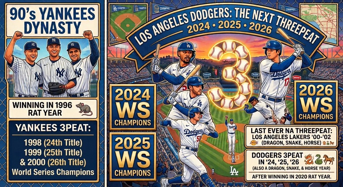 KingsDecrypt's tweet photo. 🏆 Yankees 3peat was 24th, 25th, and 26th franchise titles!  AFTER winning 1996 RAT 🐀 YEAR 

⚾️ Dodgers 3peat in ‘24, ‘25, ‘26 AFTER winning in 2020 RAT 🐀 YEAR 

🏀 Last North American threepeat was in a DRAGON-SNAKE-HORSE year and a LA team (Lakers)

#WorldSeries #Dodgers https://t.co/Efv8kHTTyF
