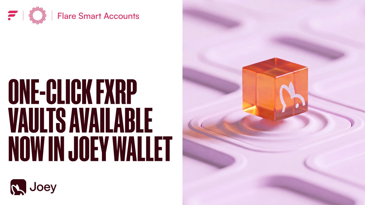 FlareNetworks's tweet photo. FXRP vaults are now in @JoeyWallet ☀️

Mint FXRP and deposit into a curated vault without leaving Joey.

One signature, non-custodial, no dApp fees. Onboarding in under 3 seconds. No seed phrase, no KYC.

Joey's XRPL hub now reaches Flare DeFi 🤝 https://t.co/pATzLYfEJh