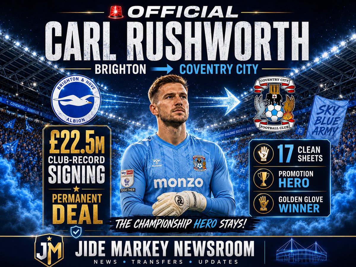 IsdorMark's tweet photo. OFFICIAL: Carl Rushworth is a Coventry City player! 💙🧤

Coventry City have completed the club-record signing of goalkeeper Carl Rushworth from Brighton in a reported £22.5 million permanent deal. After helping the Sky Blues secure promotion with 17 clean sheets, he’s back to lead them into the Premier League.

Can Rushworth keep Coventry up this season? 👇

#CoventryCity #CarlRushworth #TransferNews #JideMarkeynewsroom