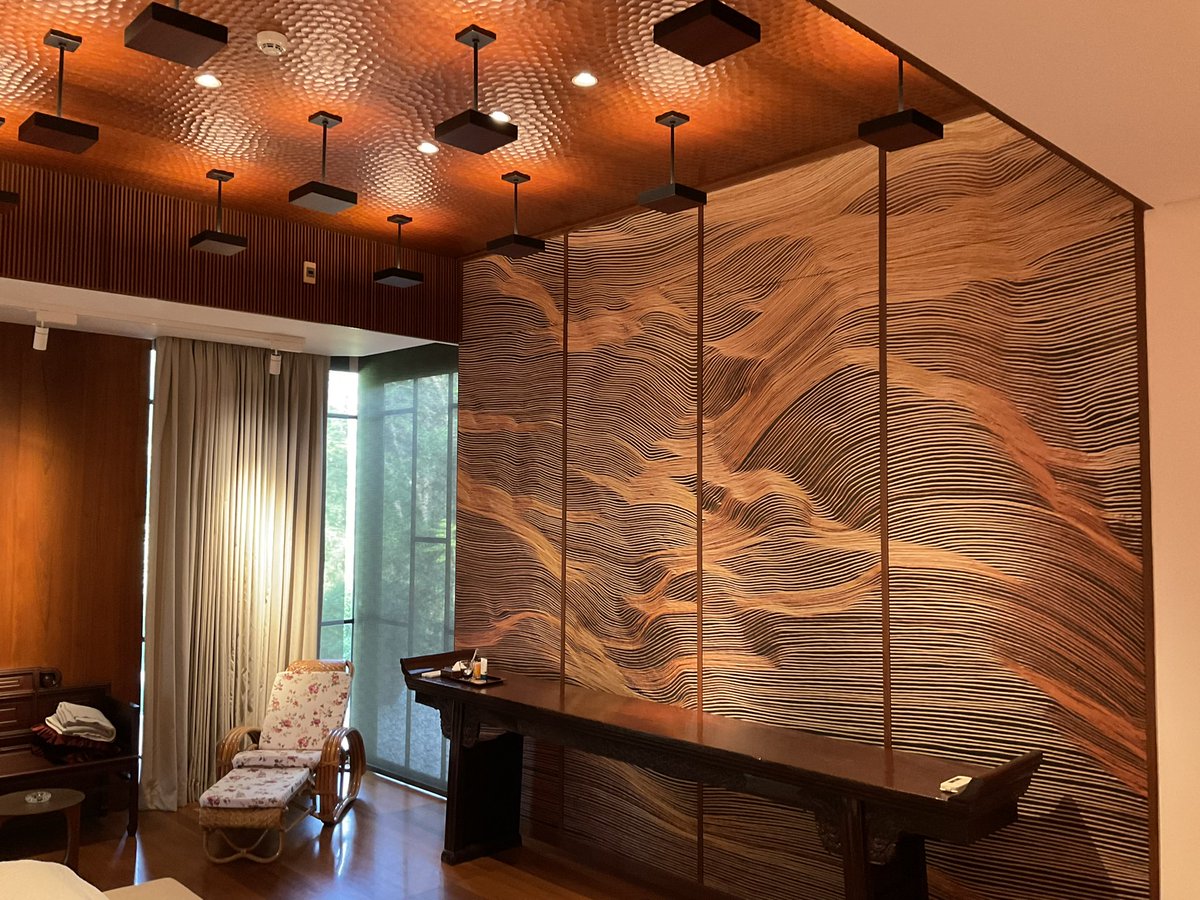 DamonZumbroegel's tweet photo. How about this ceiling I did?  I designed the lights as well.  
Hand Adzed solid teak.  
This is one end of the spectrum, and even with no money pouring at detailing on the ceilings can really change a design.  Use ceiling treatments wisely.  I give a while teaching series in just this topic: ceiling treatment.  It’s very important.  
Lighting is next level important, and as you mentioned above….no one is giving it any respect.
