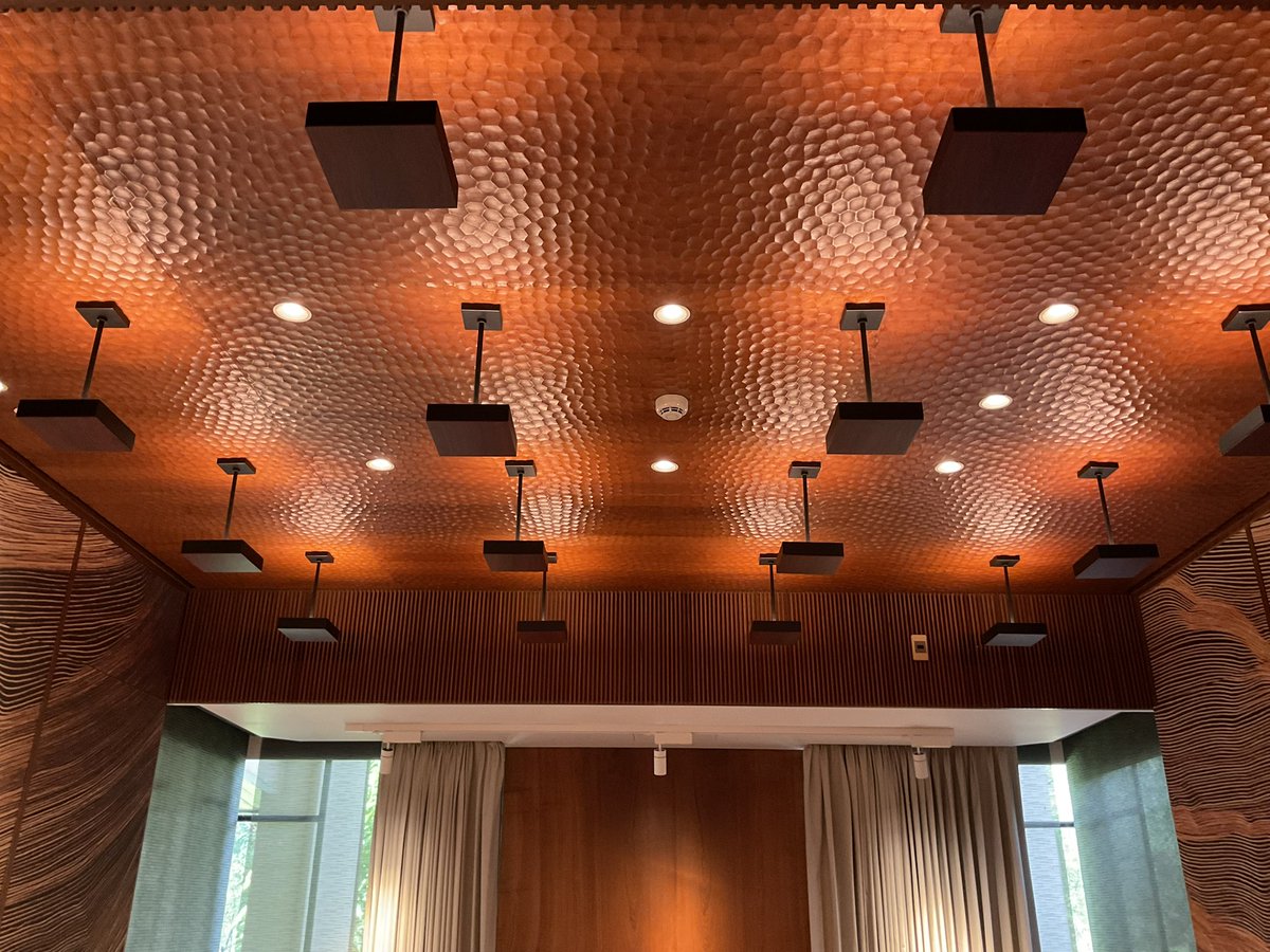 DamonZumbroegel's tweet photo. How about this ceiling I did?  I designed the lights as well.  
Hand Adzed solid teak.  
This is one end of the spectrum, and even with no money pouring at detailing on the ceilings can really change a design.  Use ceiling treatments wisely.  I give a while teaching series in just this topic: ceiling treatment.  It’s very important.  
Lighting is next level important, and as you mentioned above….no one is giving it any respect.