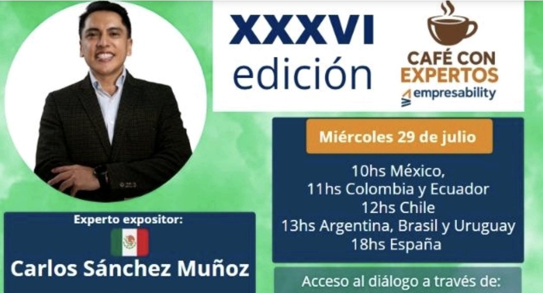 Empresability's tweet photo. Los Café con Expertos de Empresability, Sustainability & Social Responsibility Movement son la oportunidad de dialogar con expertos internacionales sobre un tema que disparan sus exposiciones.

En la Edición 36° contaremos como experto invitado con Carlos Sánchez Muñoz quien expondrá sobre "Burnout en el camino hacia la sostenibilidad" para luego dialogar con los presentes.

¡Estás invitado para sumarte y enriquecer el diálogo!

https://t.co/1B4hnVp4RG