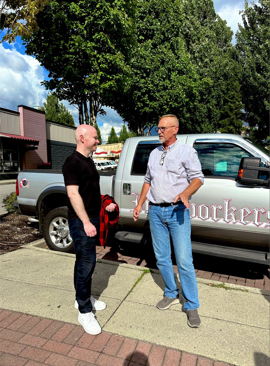 braedencaley's tweet photo. Tens of thousands cross the Ironworkers Memorial Bridge every day, named for the 19 workers who died when it collapsed mid-construction in 1958.

Today I met with Doug Parton of Ironworkers Local 97 (the union whose members built the bridge) along the Burrard waterfront, with so much of Canada's trade moving through the harbour right behind us.

We talked about building our economy strong in the face of global uncertainty: major projects that get to yes, apprenticeships that become high-paying union careers, and building in solidarity with Canadian workers. 

That's the mission of Mark Carney's team, and the work I want to take to the next level for the North Shore. Because a strong B.C. economy will get built one beam, one shift, and one skilled pair of hands at a time.