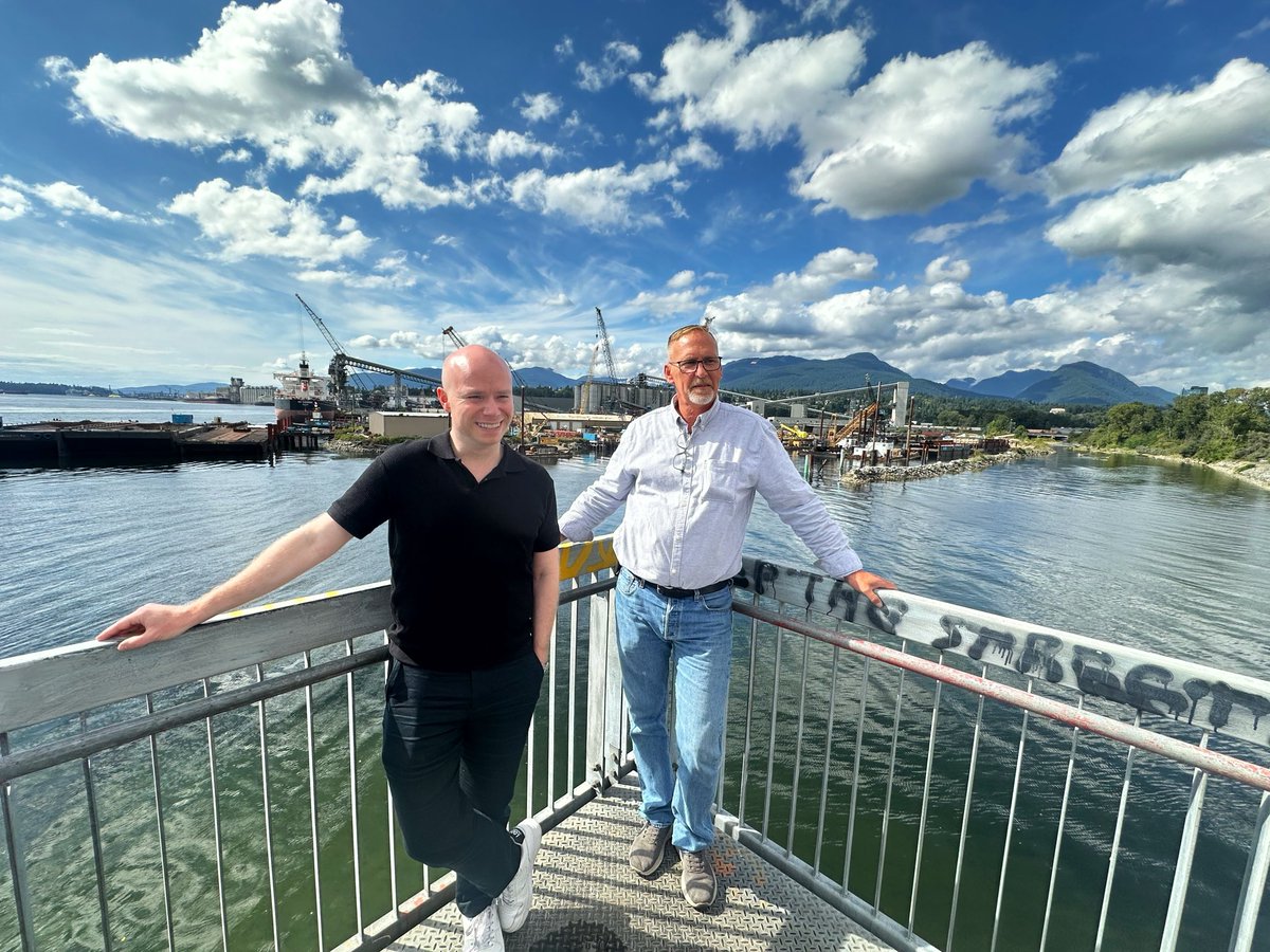 braedencaley's tweet photo. Tens of thousands cross the Ironworkers Memorial Bridge every day, named for the 19 workers who died when it collapsed mid-construction in 1958.

Today I met with Doug Parton of Ironworkers Local 97 (the union whose members built the bridge) along the Burrard waterfront, with so much of Canada's trade moving through the harbour right behind us.

We talked about building our economy strong in the face of global uncertainty: major projects that get to yes, apprenticeships that become high-paying union careers, and building in solidarity with Canadian workers. 

That's the mission of Mark Carney's team, and the work I want to take to the next level for the North Shore. Because a strong B.C. economy will get built one beam, one shift, and one skilled pair of hands at a time.