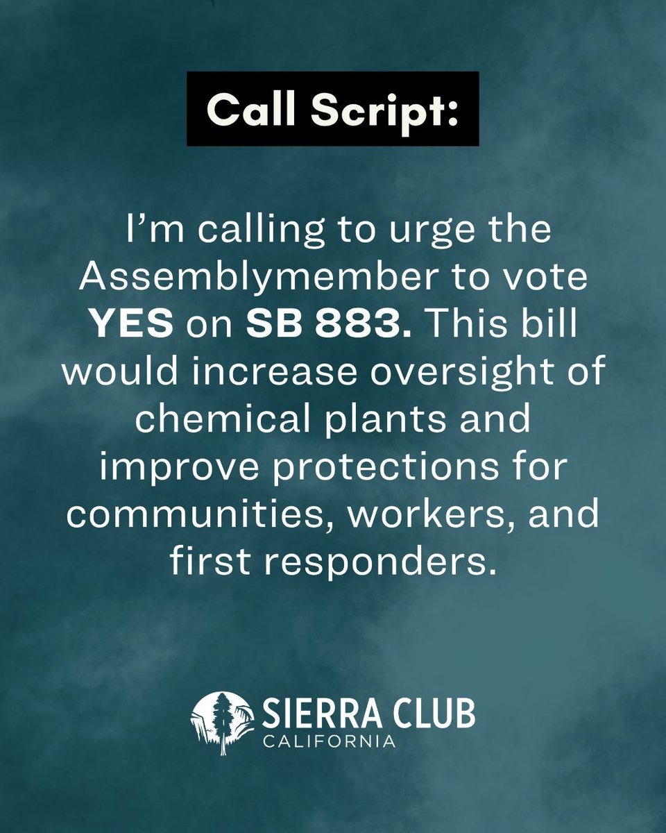 SierraClubCA's tweet photo. π¨ The Garden Grove chemical near-disaster was a wake-up call. SB 883 by @SenatorUmberg strengthens oversight of high risk chemical facilities to better protect communities, workers, and first responders. π Vote YES on #SB883. https://t.co/a9Blf6Mdek