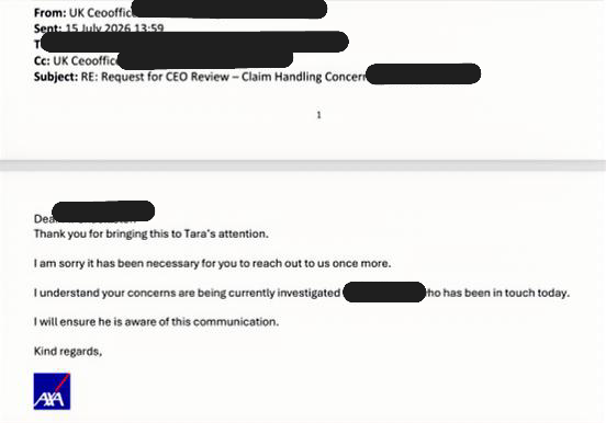 dave_V_goliath's tweet photo. I’m pleased that @AXA CEO Office has confirmed that my concerns were brought to Tara Foley’s attention. After nearly two years of trying to secure mitigation of my home, I hope this escalation now leads to urgent and fair action and oversight. https://t.co/dYWi4JrMvY
