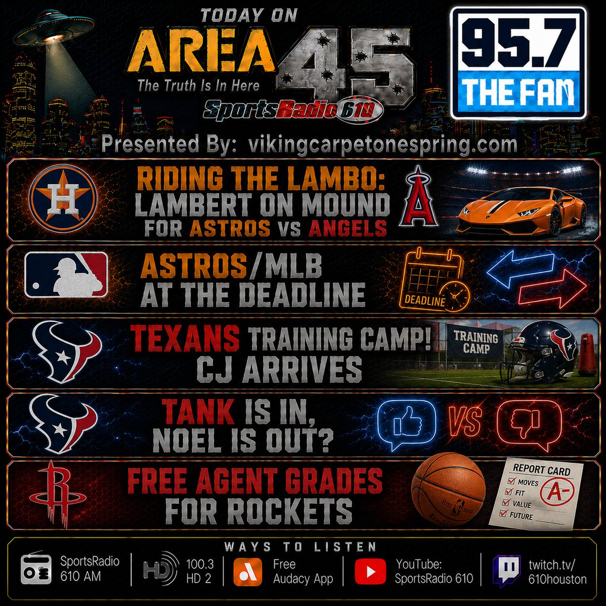 PCreighton1's tweet photo. HOUSTONS ONLY LIVE & LOCAL EVENING SPORTS RADIO SHOW 7-11p
#AREA45 #Sportsradio610 @957thefan
#Astros #Texans #Rockets #MLBTradeDeadline
@ShaunBijani @Collin_TheGame https://t.co/siUGBDHmzz