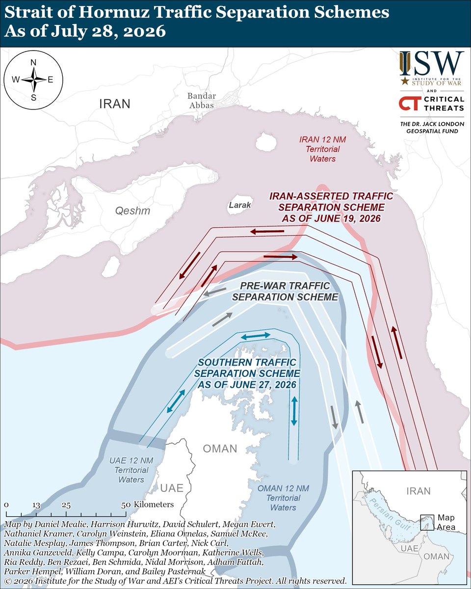 TheStudyofWar's tweet photo. Iran Update Special Report, July 28, 2026: Three competing groups within the regime are attempting to influence negotiations policy. The group currently arguing for negotiations and total control over the strait is likely guiding policy at this time. This group is likely led by elements of the Islamic Revolutionary Guards Corps (IRGC), including IRGC commander Major General Ahmad Vahidi.

More Key Takeaways:
The “IRGC-Vahidi” group is under pressure from a pro-negotiations and pro-compromise group that likely includes but is not limited to President Masoud Pezeshkian, Foreign Affairs Minister Abbas Araghchi, and Parliament Speaker Mohammad Bagher Ghalibaf. This group primarily disagrees with the IRGC-Vahidi group over means, not ends. This group also seeks “control” of the strait, though its definition of control may be less expansive.

The third group is an ultra-hardline faction, the Paydari Front, which opposes all negotiations with the United States. This group is a small minority, but its proximity to power through regime insiders like Saeed Jalili, who is currently a Supreme Leader representative on Iran’s top national security decision-making body — the Supreme National Security Council — and previously chaired the council, would likely require Vahidi and other policymakers to take note of its views.

Concerns from pro-negotiation corners in Iran over continued US sanctions, the US blockade, and economic damage from the war underscore the risk Iran faces in continuing the war indefinitely. Economic challenges caused by the US blockade were among the reasons why Pezeshkian argued the Memorandum of Understanding’s (MOU) case to the supreme leader in June, according to the New York Times, which indicates that at least some regime actors believe the present situation is untenable for Iran.

Iran continues to reject compromises to Iranian control of the Strait of Hormuz because hardline decisionmakers perceive control of the waterway as the regime’s most reliable means of preserving future leverage. Iran is refusing to give up control of the strait in talks with Omani mediators as the mediators have proposed a formal 10-day truce, according to a US official and mediators speaking to Western media on July 27.

The Houthis claimed to have struck a Saudi vessel on July 28, marking their third claimed attack on Saudi shipping since July 22. Houthi military spokesperson Yahya Sarea announced on July 28 that the Houthis fired several ballistic missiles targeting the Saudi-flagged oil and chemical tanker NCC Ghazal for “violating” the Houthi blockade.

The People’s Republic of China (PRC) reportedly asked the Houthis to facilitate safe passage for Chinese-owned oil tankers through the Red Sea, according to six informed sources speaking to Reuters on July 28. Reuters, citing commercial ship tracking data, reported on July 28 that at least four tankers transporting Saudi oil to China transited the Bab al Mandeb since the Houthis announced their blockade on July 20. (1/2)