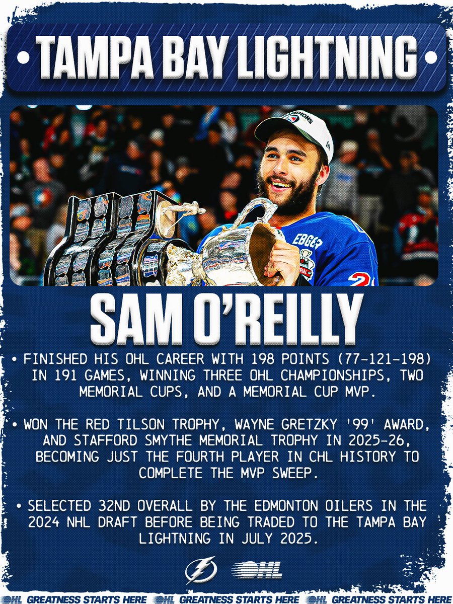 OHLHockey's tweet photo. A championship résumé 🏆

Three J. Ross Robertson trophies, two Memorial Cup titles and a Memorial Cup MVP. After a historic final #OHL season, Sam O'Reilly is set for the next chapter in the #LetsGoBolts organization.

OHL in the System 🗞️: https://t.co/O0HyAuUuxO https://t.co/AX6Tcvjuk7