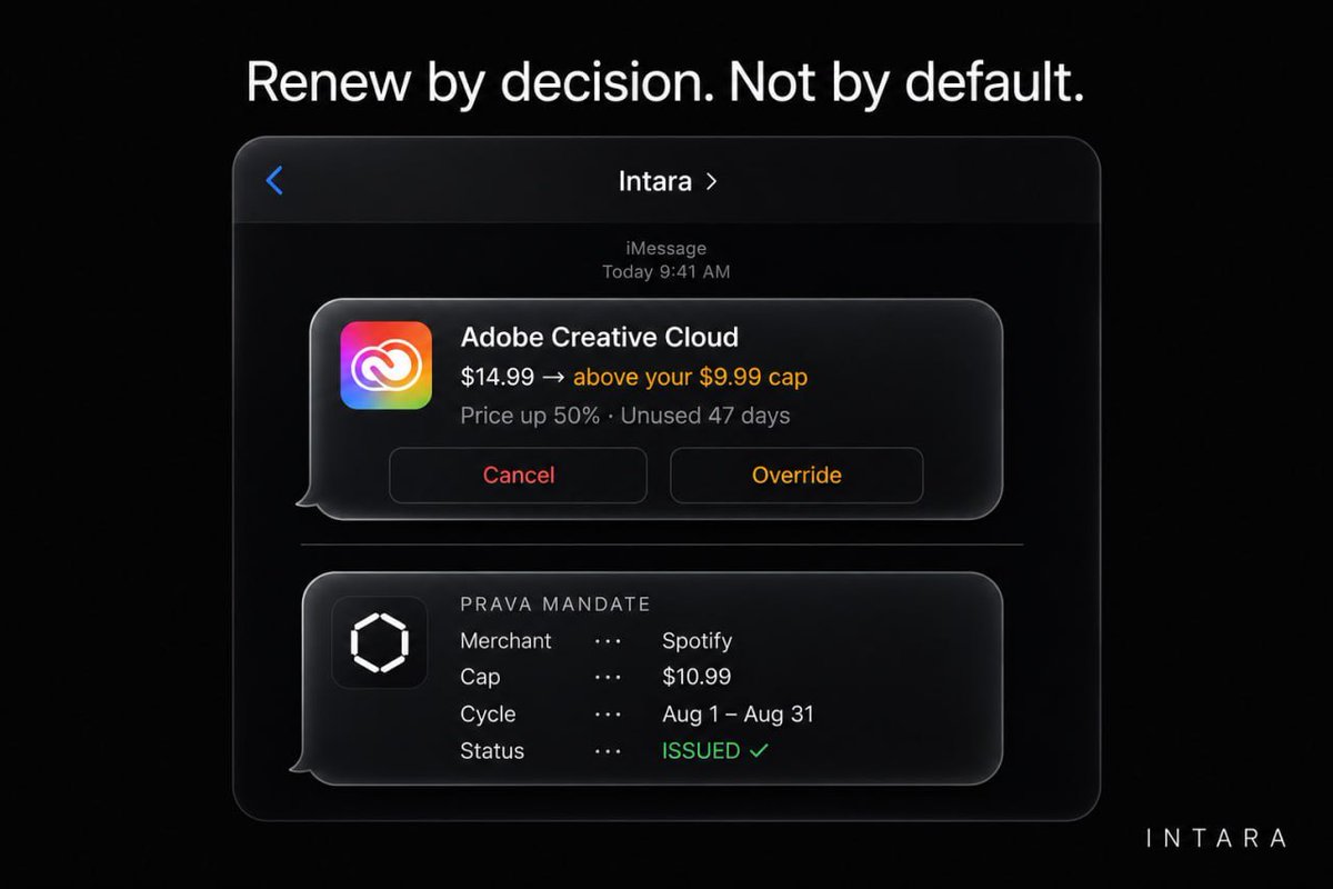 jurbanwrites's tweet photo. Got accepted into the Agentic Commerce Hackathon @devfolio.

Building Intara, an iMessage agent that guards your recurring subscriptions and only renews what is worth keeping through payment mandates enforced at the network level.

No app. No dashboard. Just a text thread that manages your money.

@pravapayments @thelinqapp @OpenAI @Visa 

Jul 31. 48 hours. ⏱️
