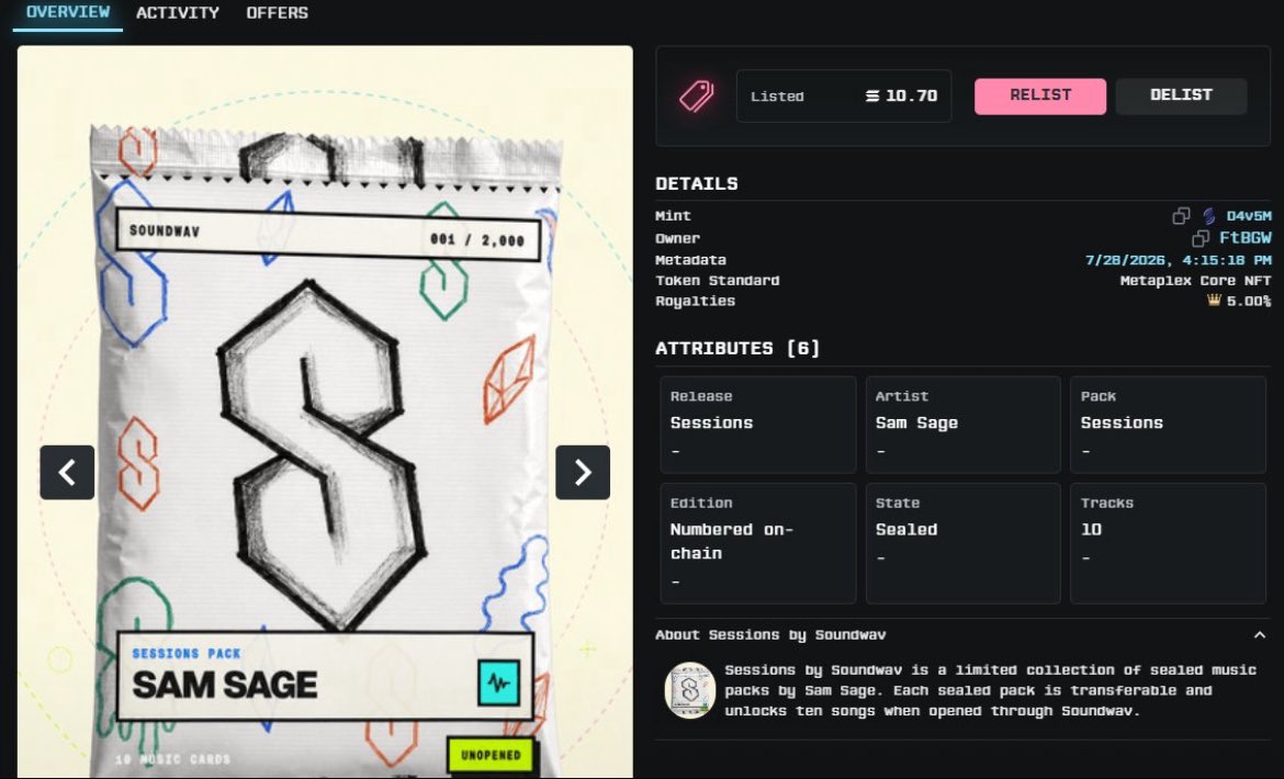 SamSageWize's tweet photo. I am beta testing @soundwavfun 

I have been months planning this album release in solana with digital packs with 10 random songs from my hardrive go into solana either to rip the album or not

If you rip the pack the NFT on solana burns and in the profile you will get the songs. https://t.co/GDbG2bqObw