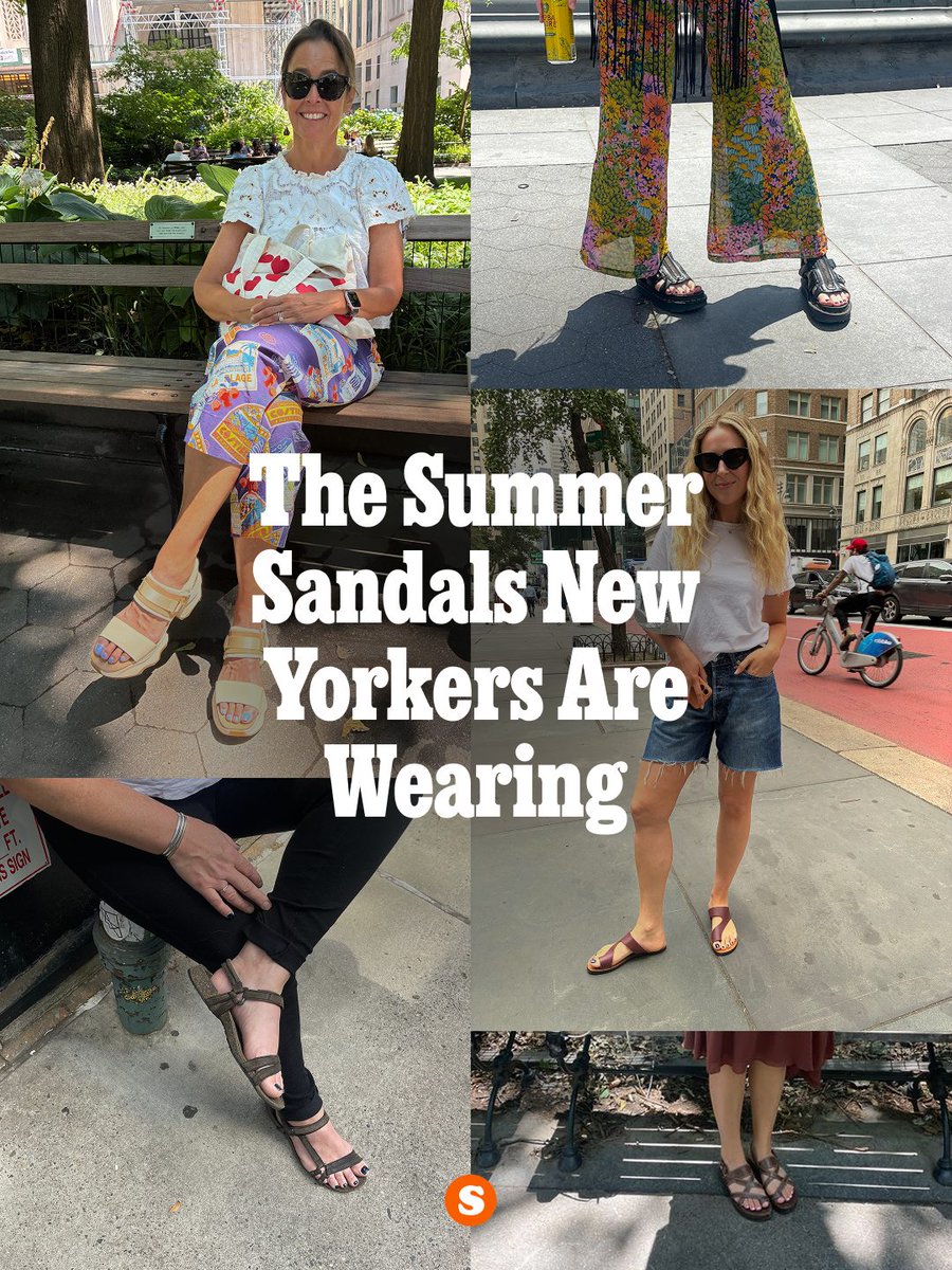 NYMag's tweet photo. Wearing open-toed footwear in the city can be a controversial choice, but in this heat, many of us feel forced to make it. So which sandals can actually hold their own against a wet hot New York City summer? We took to the streets of Manhattan and Brooklyn on a mission to find out the exact pairs that New Yorkers around town are letting their feet breathe in. 39 New Yorkers (and stylish tourists) share their strappy footwear stories: https://t.co/AJ3GwhE1AN