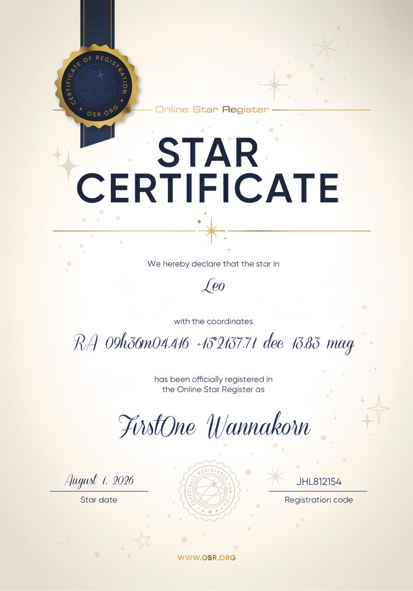 FirstoneCentral's tweet photo. ⭐️ 𝑨 𝒔𝒕𝒂𝒓 𝒇𝒐𝒓 𝒂𝒏𝒐𝒕𝒉𝒆𝒓 𝒔𝒕𝒂𝒓 ⭐️
— Special gift for #Firstone 💫

For Nong Firstone's 26th birthday, we would like to give a very special gift!
Now, a star carries the name 'Firstone Wannakorn', a star named after another star 🌟

May you continue to shine brighter and brighter for years to come, just like a star!

You are our most beautiful and talented star. Thank you for being born so that we can love you.

With love, Firstone Central Fanclub. 

Star Page: https://t.co/TRQuUmaD3P

Star's Location in the Sky: RA 09h36m04.416 +15°21'37.71'' dec 13.83 mag

App to Find the Star:  OSR Star Finder | RV Fly me to the stars

Star Naming Certificate: https://t.co/fdoG4MZKSn

#ของขวัญของเฟิร์สวัน

♪ ༘⋆𐙚 @firstone_wnk #TleFirstone #เติ้ลเฟิร์สวัน ⋆𐙚𝄞⨾𓍢ִ໋