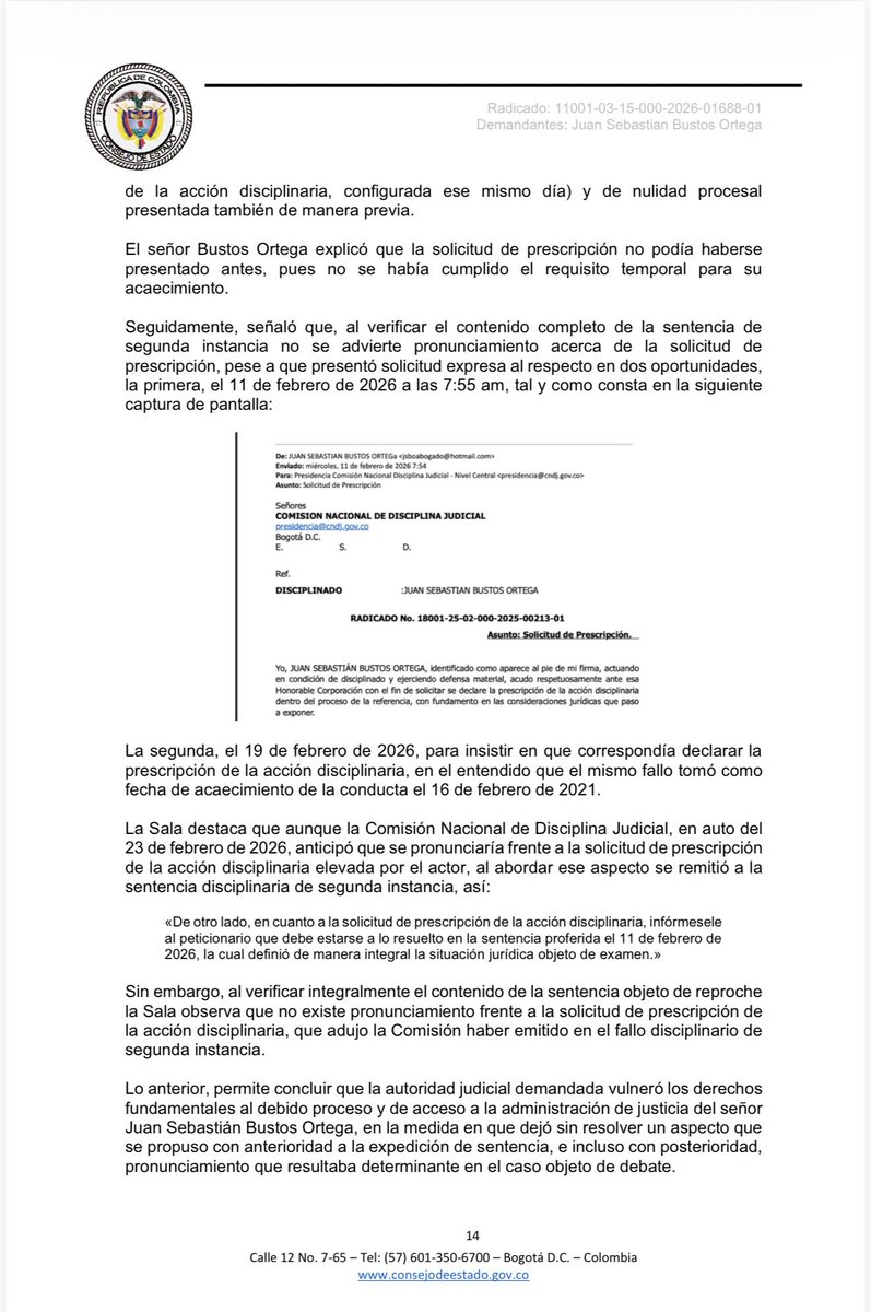 roa_salguero's tweet photo. Se comparte fallo de tutela en el que @consejodeestado ampara derechos fundamentales al debido proceso y acceso a la administración de justicia vulnerados por la @CNDJ_Col en proceso disciplinario adelantado contra abogado, al omitir pronunciamiento sobre solicitud de prescripción. @institutoeds_