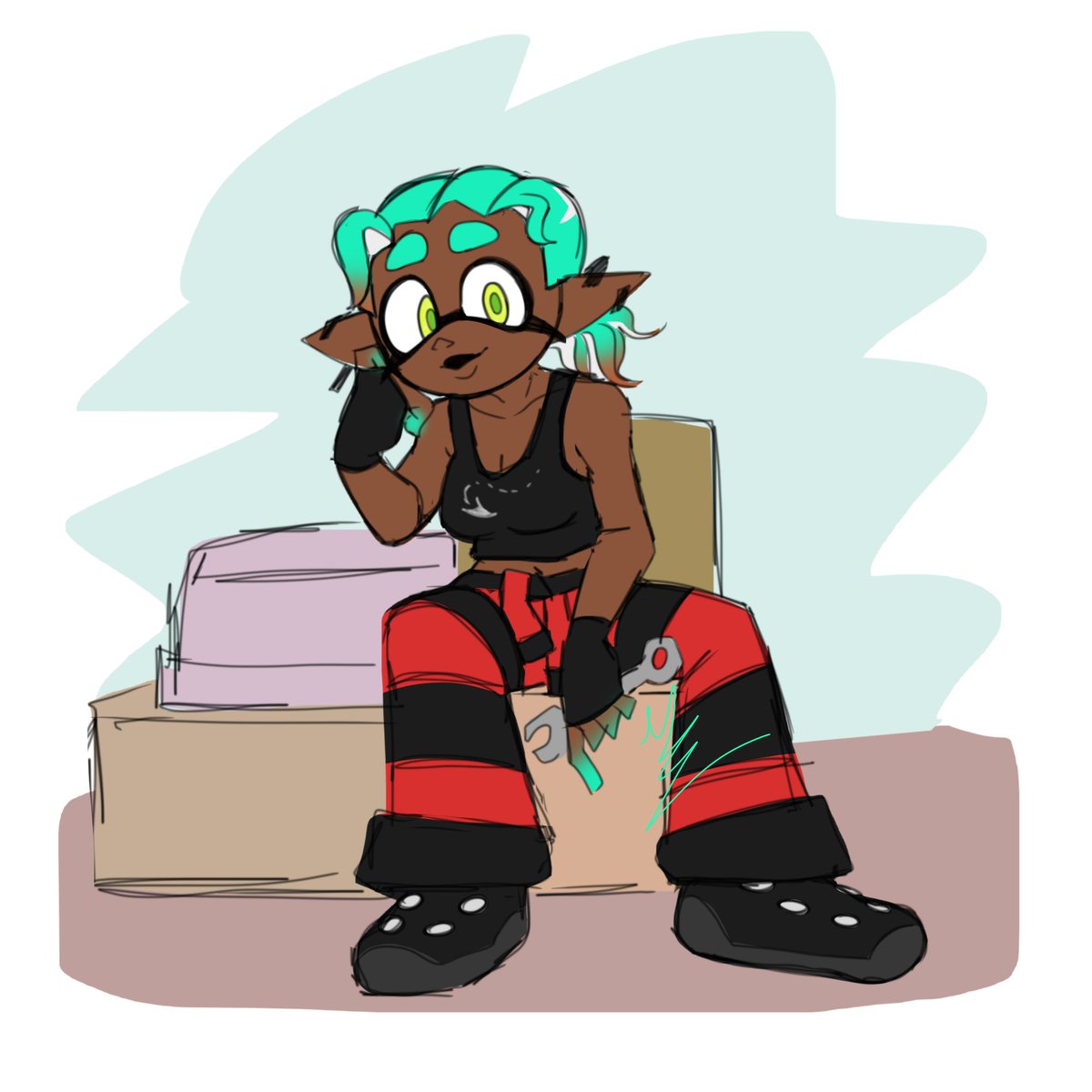 melvinkparappu's tweet photo. odessa as the mechanic! 

too bad i don't actually own a switch 2, got to play with my bff (hence the other sketch of their oc) but anyways odessa ticked all the boxes of being a raiders meka so she takes the role 🩵
#splatoonraiders https://t.co/cmOhp03C5c