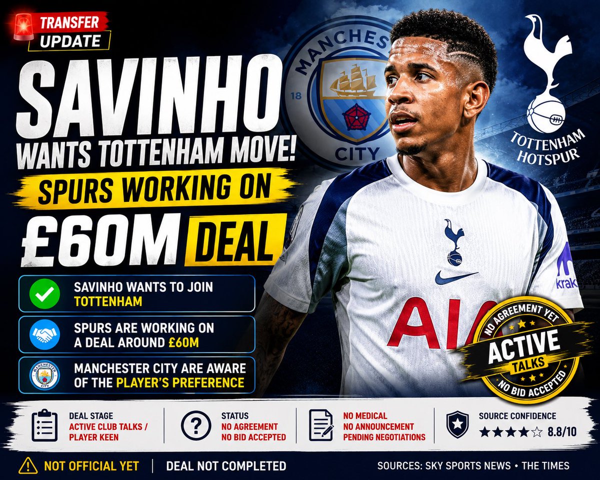 IsdorMark's tweet photo. Savinho wants Tottenham! Spurs are working on a deal worth around £60m, but Manchester City have not accepted an offer yet. The player is reportedly keen on the move, with talks continuing. ⚪🔥

Do Spurs need Savinho this season? 👀👇

#JideMarkeyNewsroom #Tottenham #Savinho https://t.co/CCIueP272j