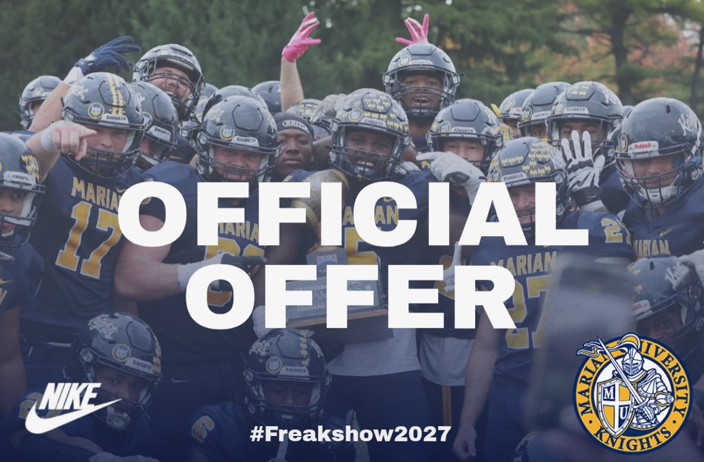 NolanTarrh's tweet photo. I am absolutely PUMPED to announce my first offer to play football at the next level is from @MarianUFootball! Thank you @CoachEmmrich25 and the rest of the Marian football staff for the visit invite and offer!! https://t.co/nN8iUKqnxm