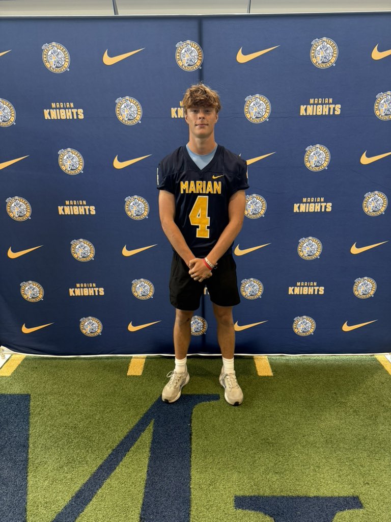 NolanTarrh's tweet photo. I am absolutely PUMPED to announce my first offer to play football at the next level is from @MarianUFootball! Thank you @CoachEmmrich25 and the rest of the Marian football staff for the visit invite and offer!! https://t.co/nN8iUKqnxm
