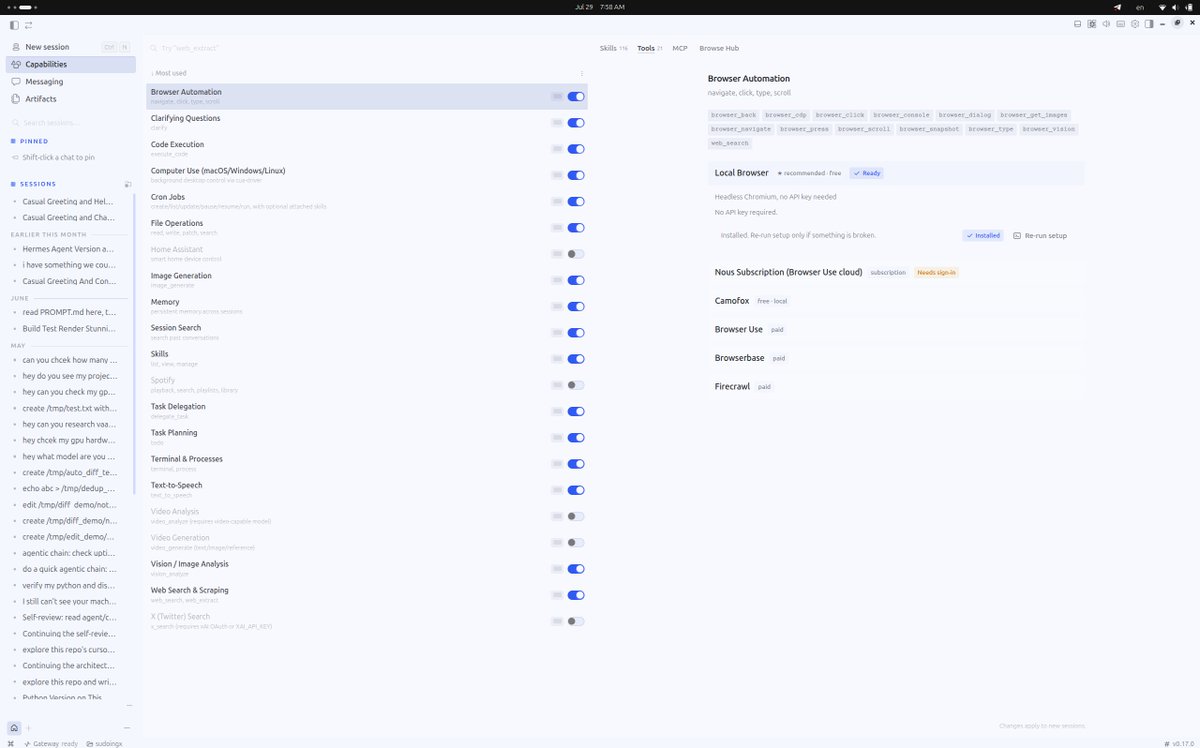 A Hermes Agent capabilities panel showing browser automation, code execution, memory, skills, task delegation, cron jobs, web search, and MCP-related controls as toggleable surfaces