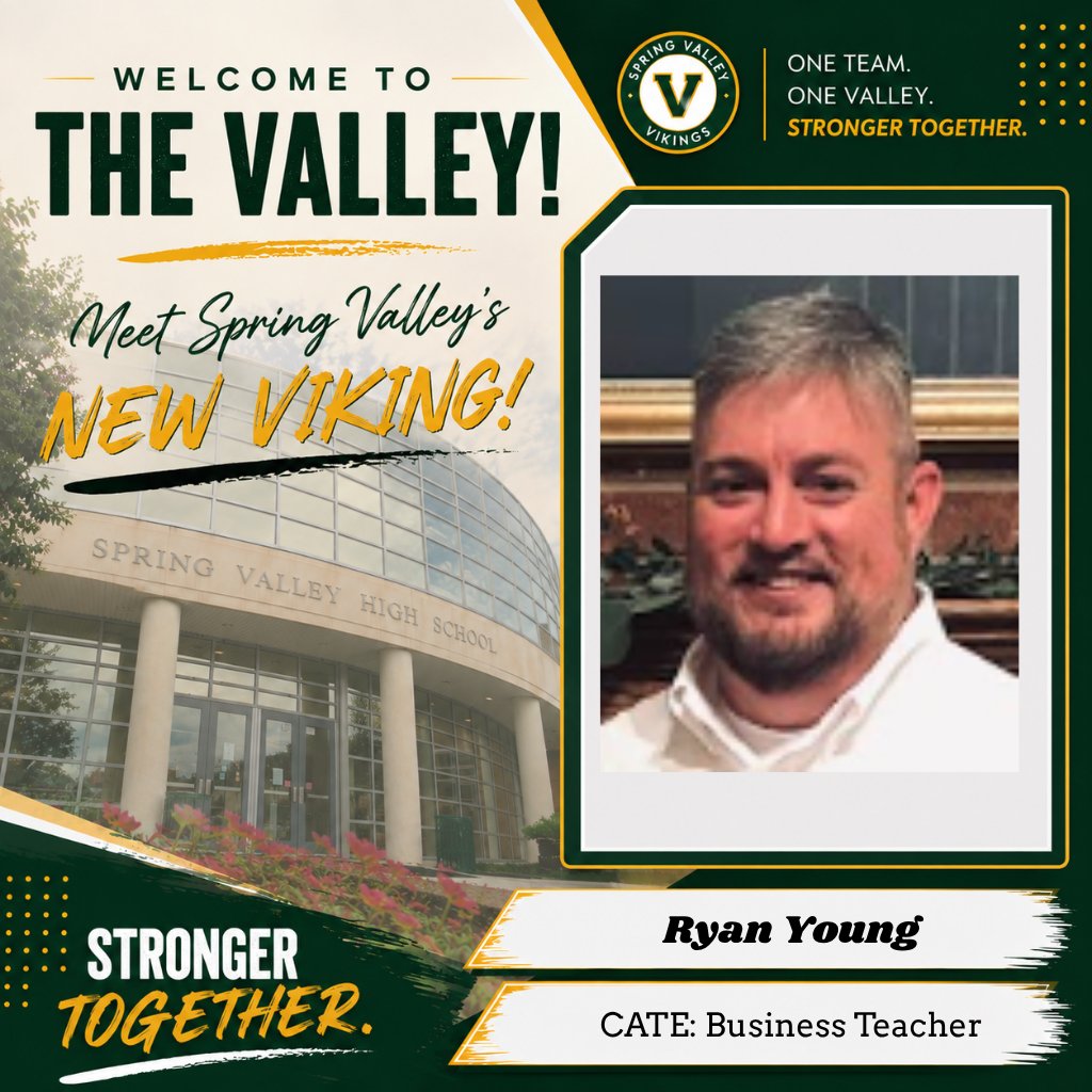 SV_Vikings's tweet photo. Welcome to The Valley, Ryan Young 💚📷 Excellence at Spring Valley continues to grow! We are excited to welcome Ryan Young, our new CATE: Business Education Teacher, to the Viking family.  One Team. One Valley. Stronger Together.  #SVHS #NewViking #StrongerTogether https://t.co/CfZ8tHpZpN