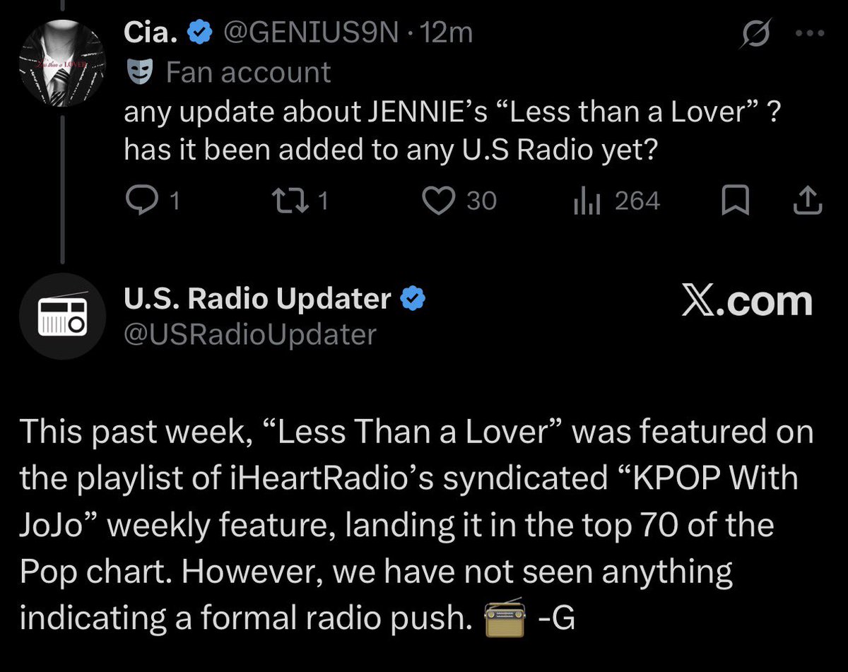 GENIUS9N's tweet photo. There’s been no official U.S. radio push for LTAL, Columbia has not sent the song to any radio format. 0 adds. 

every pts is coming 100% from us fans sales and streams, with no airplay support, the strongest metric on the chart. don’t expect LTAL to debut this week. I’m so frustrated for how hard we worked on this. the label did not have Jennie’s back nor us.