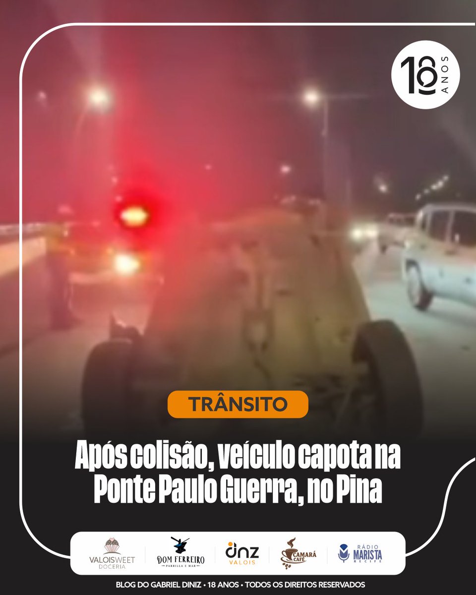 bgdrecife's tweet photo. Um carro capotou após uma colisão na Ponte Paulo Guerra, no bairro do Pina, Zona Sul do Recife, na noite desta terça-feira (28). O acidente deixou o condutor do carro ferido. Outro carro foi atingido durante o acidente, mas sem consequências graves.
https://t.co/tmGpHrDOSl https://t.co/BM6LmqBGaQ