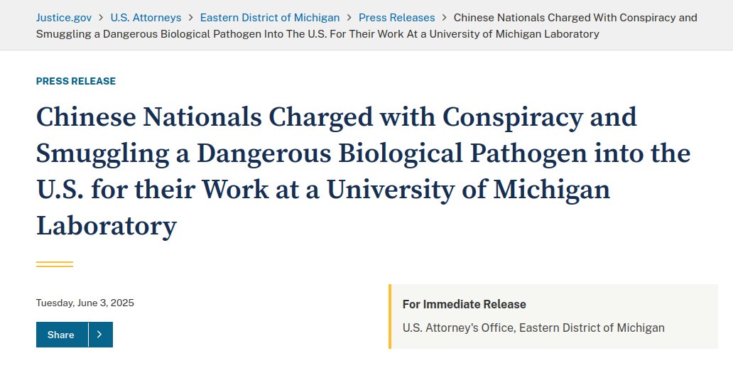 mrbcyber's tweet photo. Chinese researchers in the US were covertly bringing in coronavirus related materials before the pandemic.  

This is part of a larger pattern of reckless behavior. Multiple cases of Chinese students sneaking dangerous biological materials into the US since the pandemic.  🔗 https://t.co/9Ob8gpZNHt
