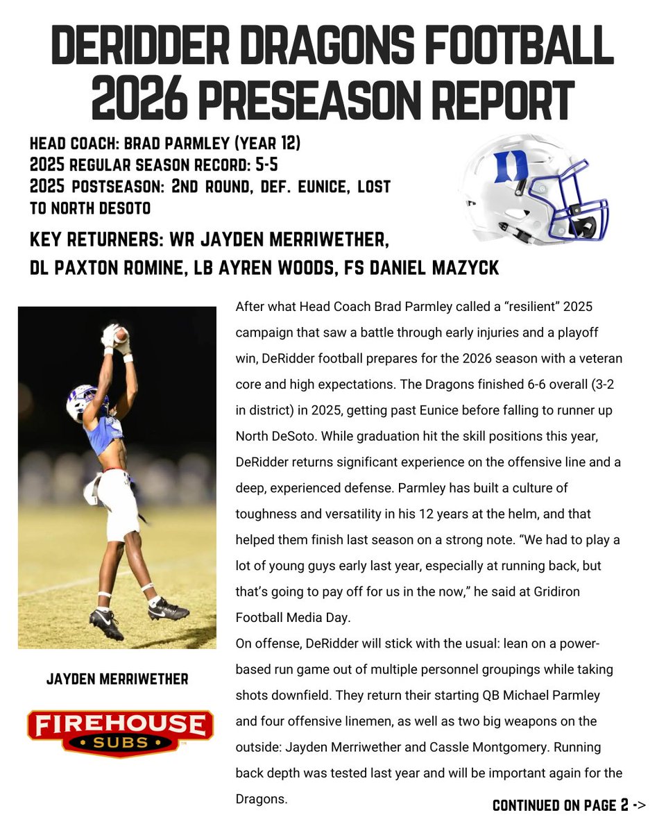 RedRiverRoundup's tweet photo. DeRidder got a playoff W in '25, and return the players and coach they need to get more in '26.
@446Sports @recruittheboot @JayMerriwether4 @LSL_Sportsline @BootBallerz @JasonDuhe @Talkin_BallLA @Metalmike807 @GridironFootbal @JaceLejeune @harrisonvapnek @b_hoss_mac @ShannonBelt3 https://t.co/8d7G86HMCc