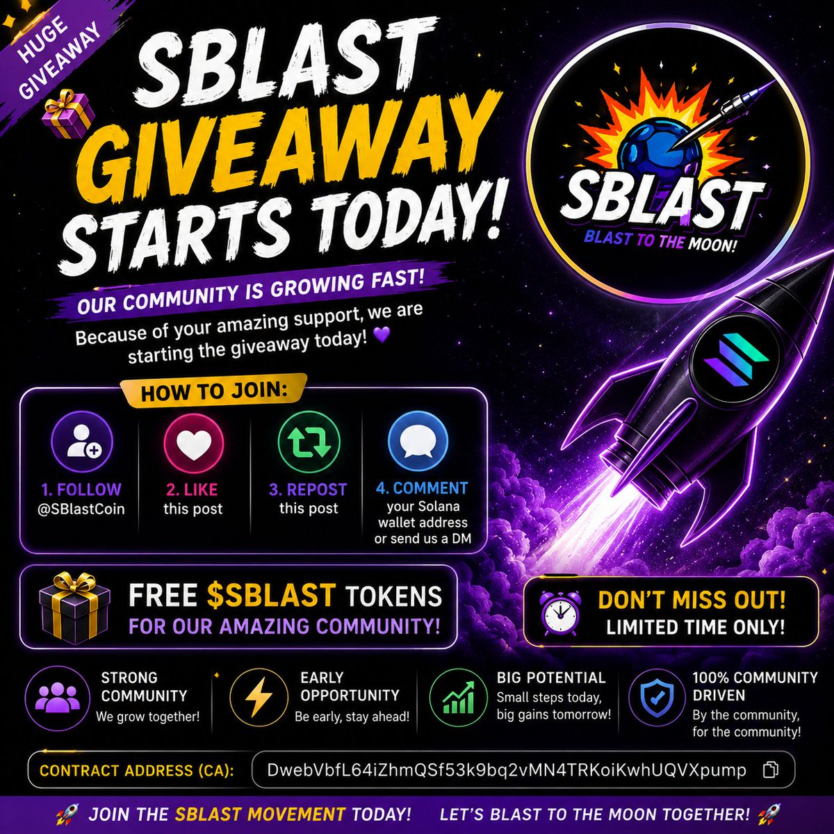 Solblastcoin's tweet photo. One's again Giveaway starts Today 
#Sblast #SolBlastcoin #SolanaTokens 
CA... DwebVbfL64iZhmQSf53k9bq2vMN4TRKoiKwhUQVXpump https://t.co/2SC1w192Tr