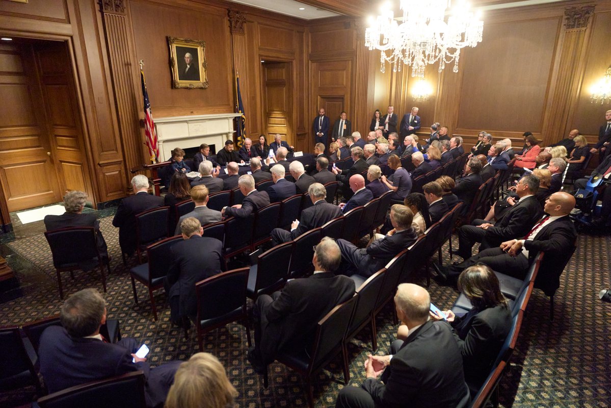 ZelenskyyUa's tweet photo. Today in Washington, we had a major meeting with representatives of both parties in the Senate – more than 60 senators were present. Thank you for this support and for your high assessment of the results of our warriors on the front lines and Ukraine’s ability to respond justly to Russia for its strikes against our people. We discussed many issues, first and foremost, anti-ballistic defense. Thank you for your readiness to help.

It is symbolic that today, as we bid farewell to Senator Lindsey Graham, the Senate held a procedural vote on a bill imposing sanctions against Russia that he had worked so hard on. It was an honor to be present as the votes were counted – 86 senators supported the bill. This is the first step toward implementing Lindsey’s plans, and certainly a step toward peace. It is important that this tool works.

Thank you to the United States and to both parties for your support.