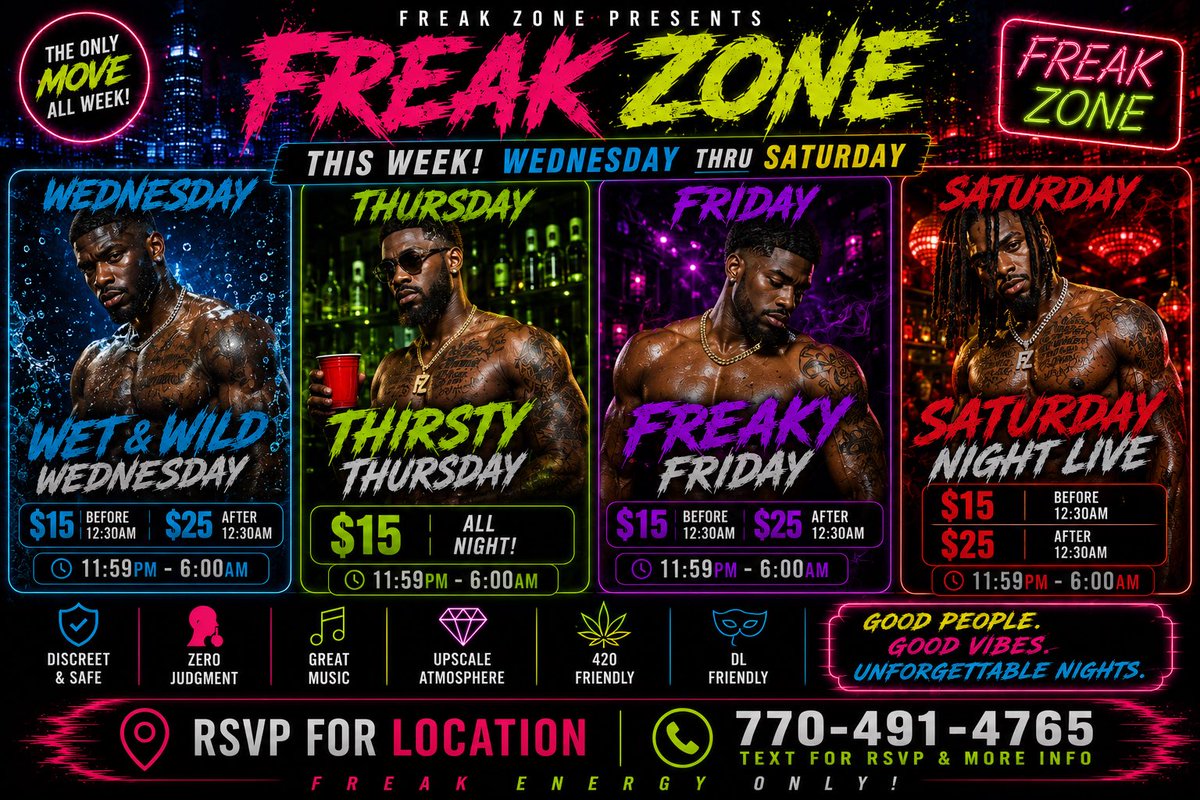 DafreakzoneATL's tweet photo. Gentlemen, if you’re looking for a late-night vibe, this is where you want to be.

Pull up to Freak Zone this week and enjoy an unforgettable nights with other confident, sexy men of color. 😈  🍑  🍆 https://t.co/eDG3olNxVK