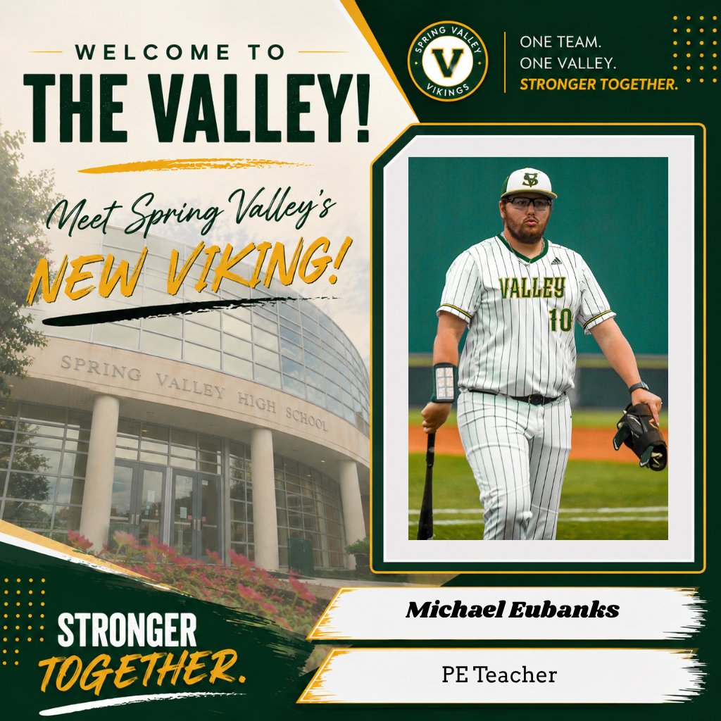 SV_Vikings's tweet photo. Welcome to The Valley, Michael Eubanks! 💚📷 Excellence at Spring Valley continues to grow! We are excited to welcome Michael Eubanks, our new PE Teacher, to the Viking family.  One Team. One Valley. Stronger Together.  #SVHS #NewViking #StrongerTogether https://t.co/rZua8Exxgb