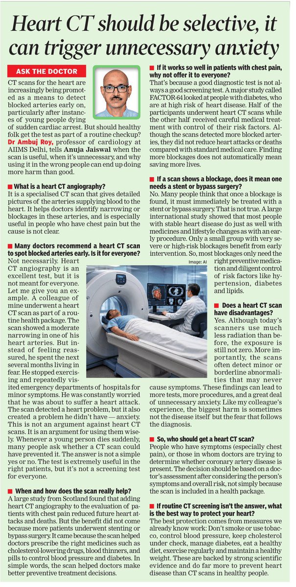 AnujaJaiswalTOI's tweet photo. #Heart #CTscans are increasingly being promoted as a way to detect blocked arteries early, particularly after reports of sudden cardiac deaths in young people. But should healthy people get the test as part of a routine health check-up? Dr Ambuj Roy, Professor of Cardiology at AIIMS, New Delhi, explains when the scan is useful, when it is unnecessary, and why using it in the wrong people can sometimes do more harm than good. @drambujroy @timesofindia @aiims_newdelhi @MoHFW_INDIA @JPNadda