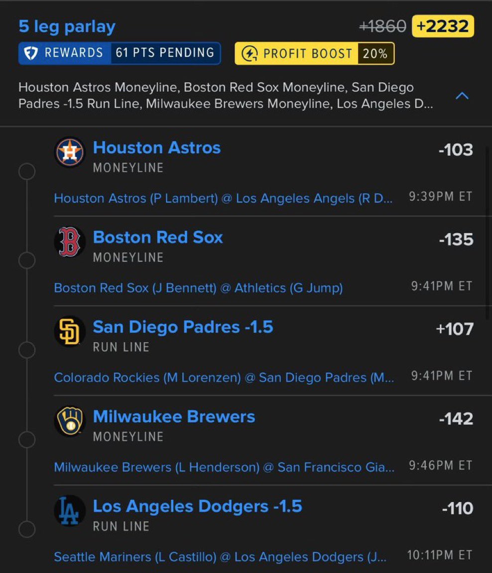 legacywin_'s tweet photo. 🚨 MLB 5-LEG PARLAY 🚨

🔥 Odds: +2232 (20% Profit Boost Applied)

⚾ Houston Astros — Moneyline (-103)
⚾ Boston Red Sox — Moneyline (-135)
⚾ San Diego Padres -1.5 Run Line (+107)
⚾ Milwaukee Brewers — Moneyline (-142)
⚾ Los Angeles Dodgers -1.5 Run Line (-110)

💰 Five strong spots on the board, combining trusted favorites with two run-line plays for a bigger payout. If the bats show up, this ticket has serious value. 💸

🍀 Tail at your own risk and let’s cash!

#MLB #MLBPicks #MLBParlay #Baseball #SportsBetting #ParlayLife #Astros #RedSox #Padres #Brewers #Dodgers #Moneyline #RunLine #BettingCommunity #WinningPicks #FanDuel #BaseballBets #LetsCash #GamblingTwitter #SportsPicks