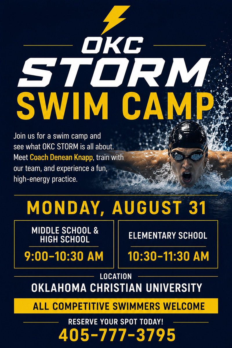 Okc_storm's tweet photo. 🏊⚡ Make a Splash with OKC Storm! ⚡🏊

Ready to sharpen your skills and experience what OKC Storm is all about? Join us for our Swim Camp and train alongside our team in a fun, fast-paced environment led by Coach Denean Knapp!

💙 Open to all competitive swimmers! https://t.co/hMRNOgIDw3