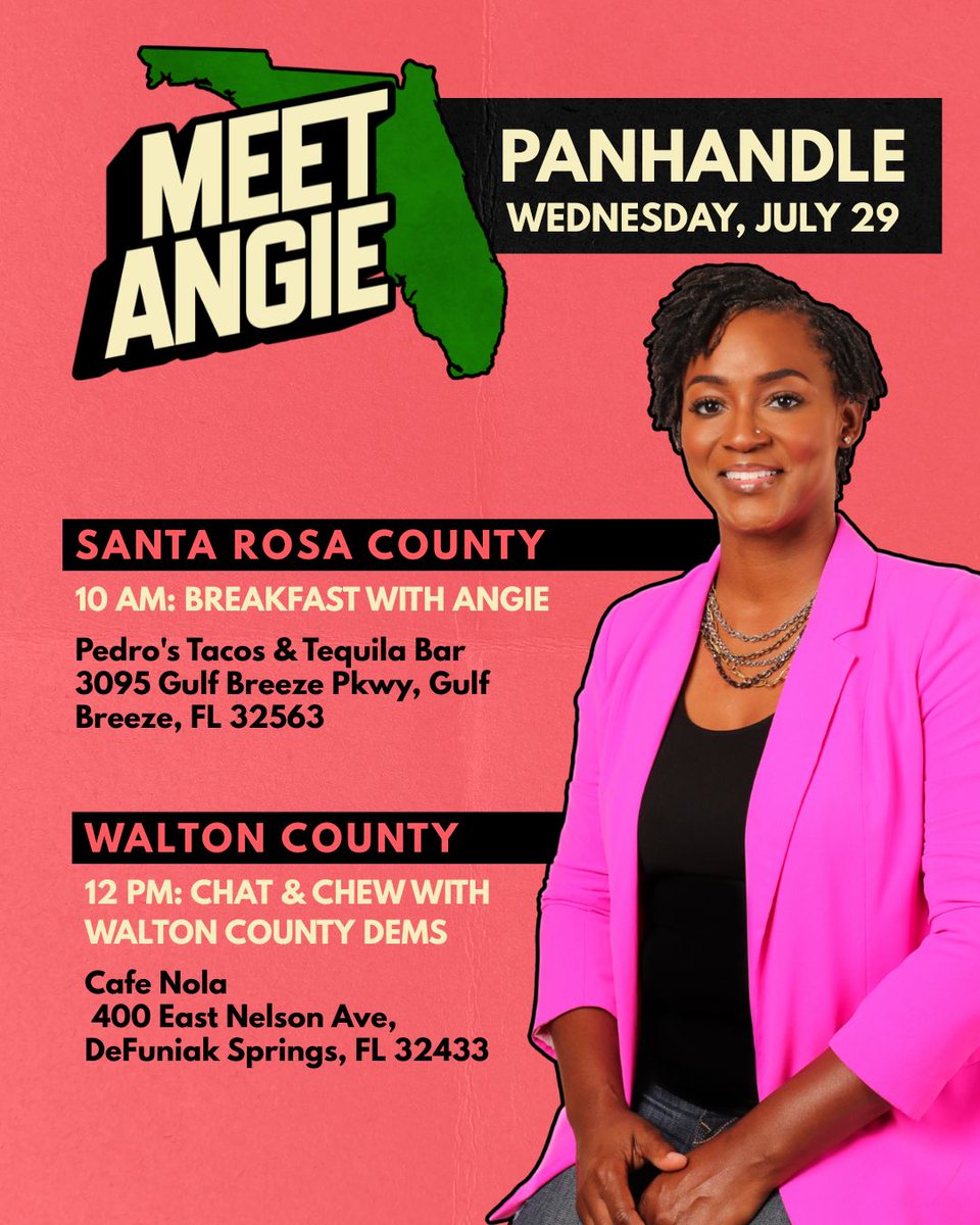 AngieNixon's tweet photo. Panhandle visit continues tomorrow! Come talk about what it'll take to make Florida affordable again.
#Panhandle #Florida #AngieforAll https://t.co/oDD0NST7mS