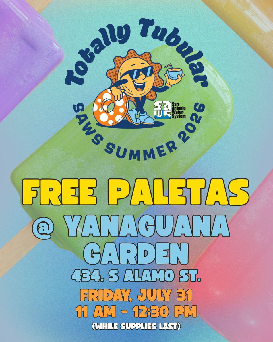 MySAWS's tweet photo. 🌬️🍧Cool off with the #SAWSSummer team at📍Yanaguana Garden from 11 a.m.-12:30 p.m. for 🆓 tasty paletas from Paleteria San Antonio, SAWS Summer swag 🧢👕 while supplies last, & fun at one of San Antonio’s favorite parks! Bring friends & family, cool off at the splash pads, then stop by our booth to say 👋 & ask questions about our water services & conservation programs.🤩💙