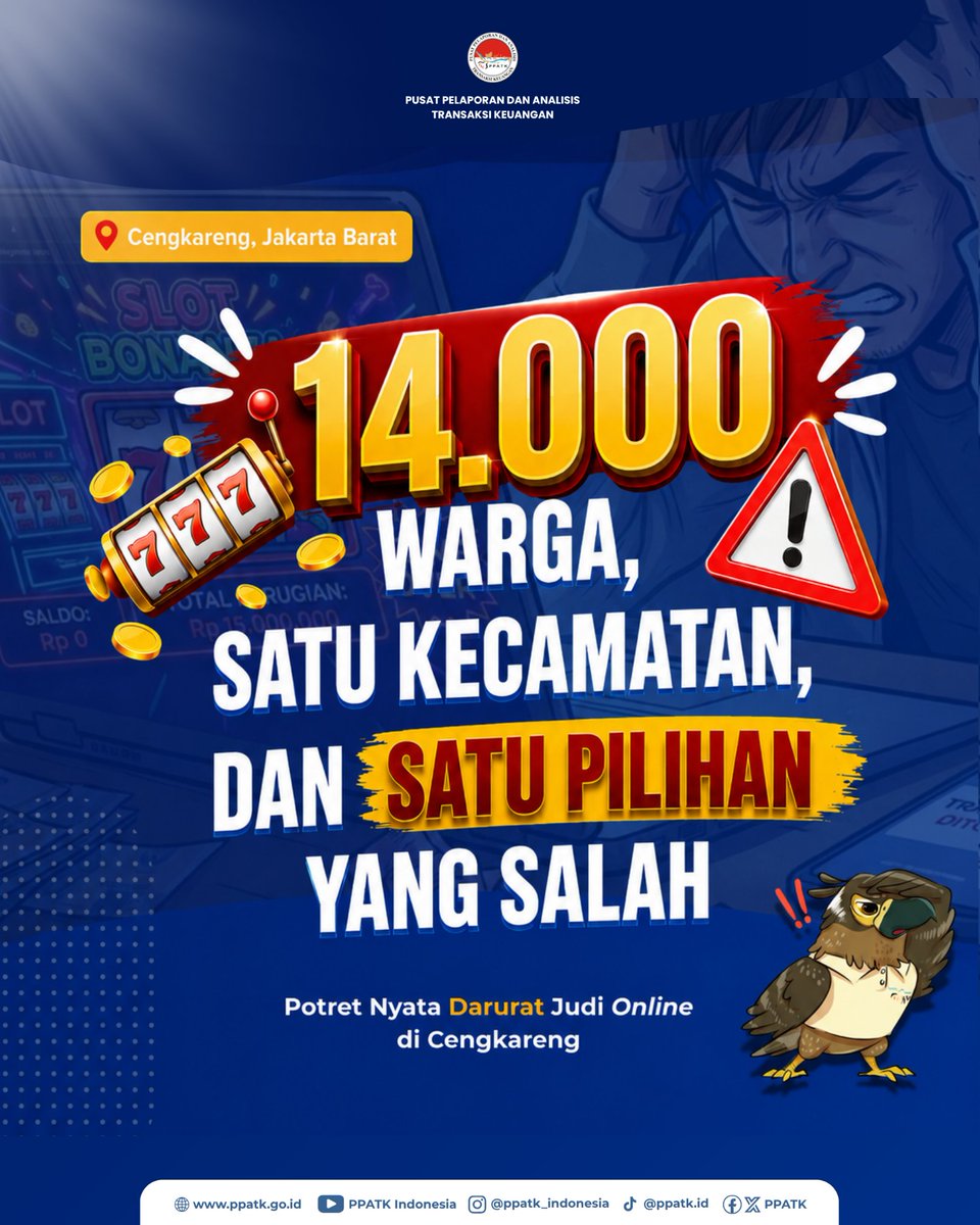 PPATK's tweet photo. Hallo #FIUtizen!

Satu keputusan kecil dapat membawa dampak yang besar 

Fenomena itu terjadi di sekitar kita. Sebanyak 14.000 warga dalam satu kecamatan terlibat judi online, berawal dari satu pilihan yang keliru namun berdampak besar bagi kehidupan

⚠️ Judi online bukan jalan pintas untuk meraih keuntungan. Risiko yang akan muncul justru kehilangan uang, terjebak utang, hingga terganggunya kondisi finansial keluarga

Mari lebih bijak dalam mengambil keputusan dan tingkatkan kewaspadaan terhadap praktik judi online 

#PPATK #StopJudiOnline #LiterasiKeuangan #WaspadaJudiOnline